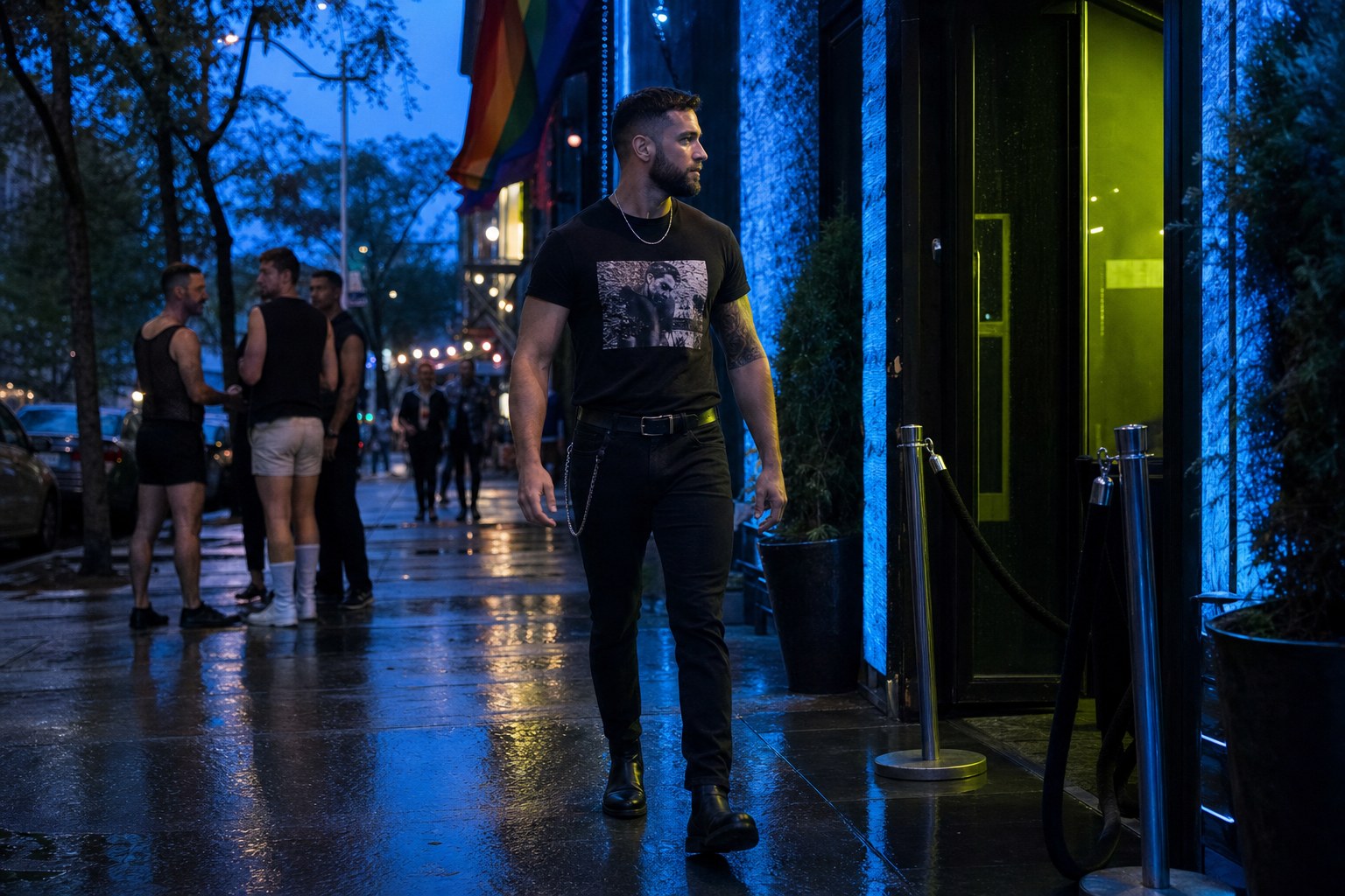 Man in a black tee and boots arriving outside a nightlife venue at blue hour