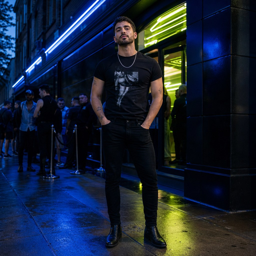 Man in a black graphic tee standing outside a nightlife venue