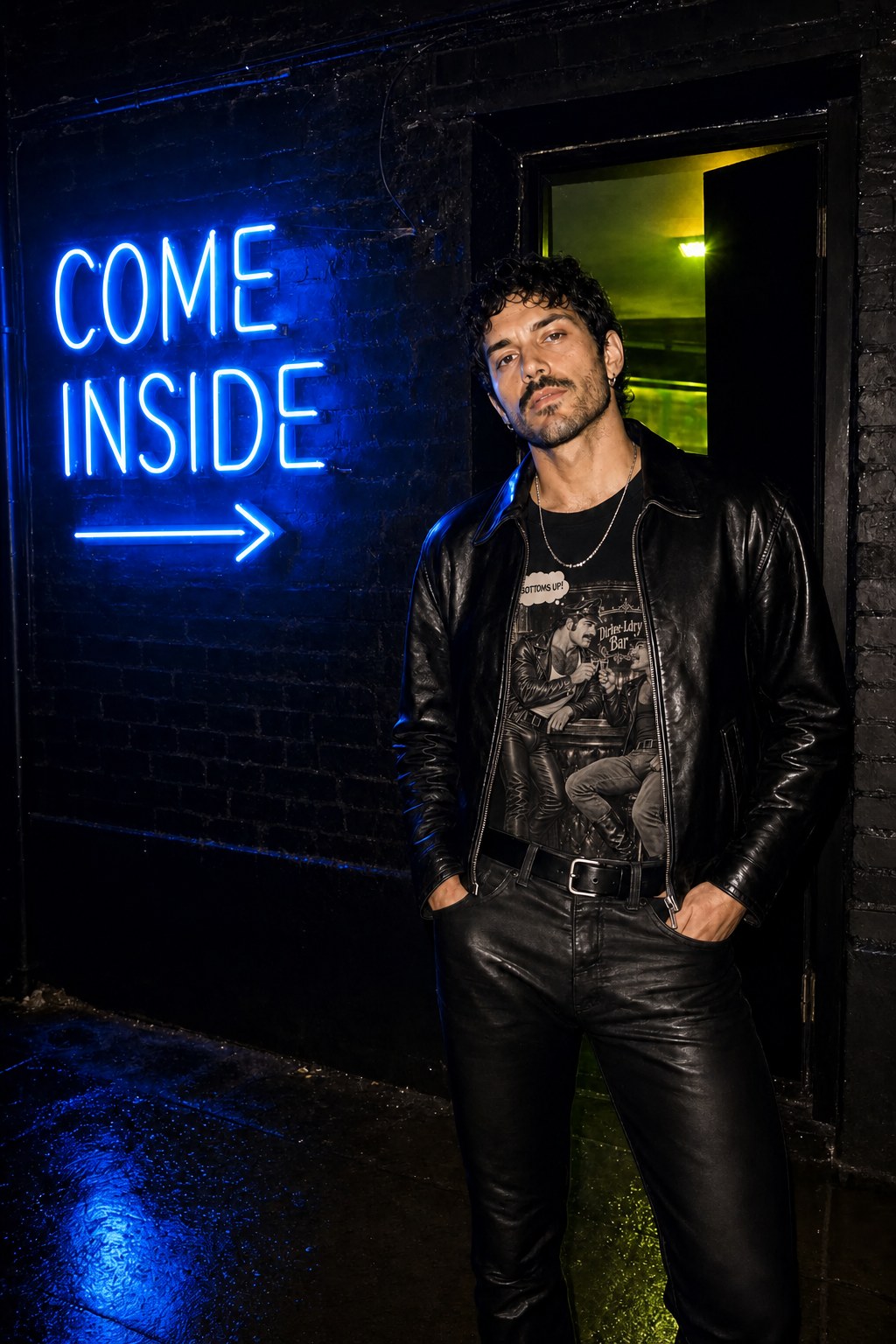 Man in black streetwear at a neon-lit club entrance