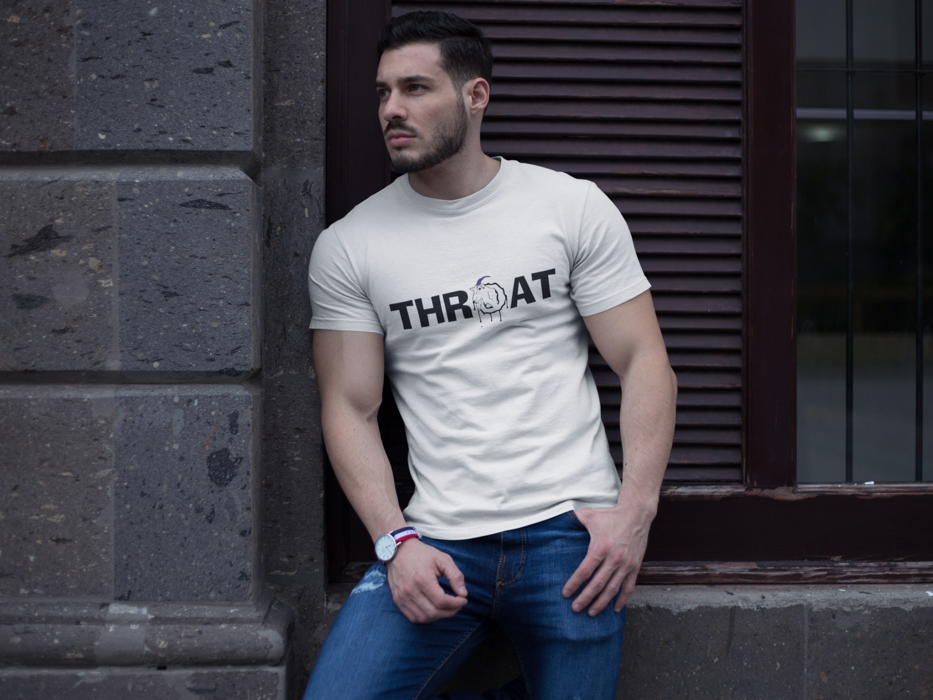 Model wearing a black THROAT graphic tee