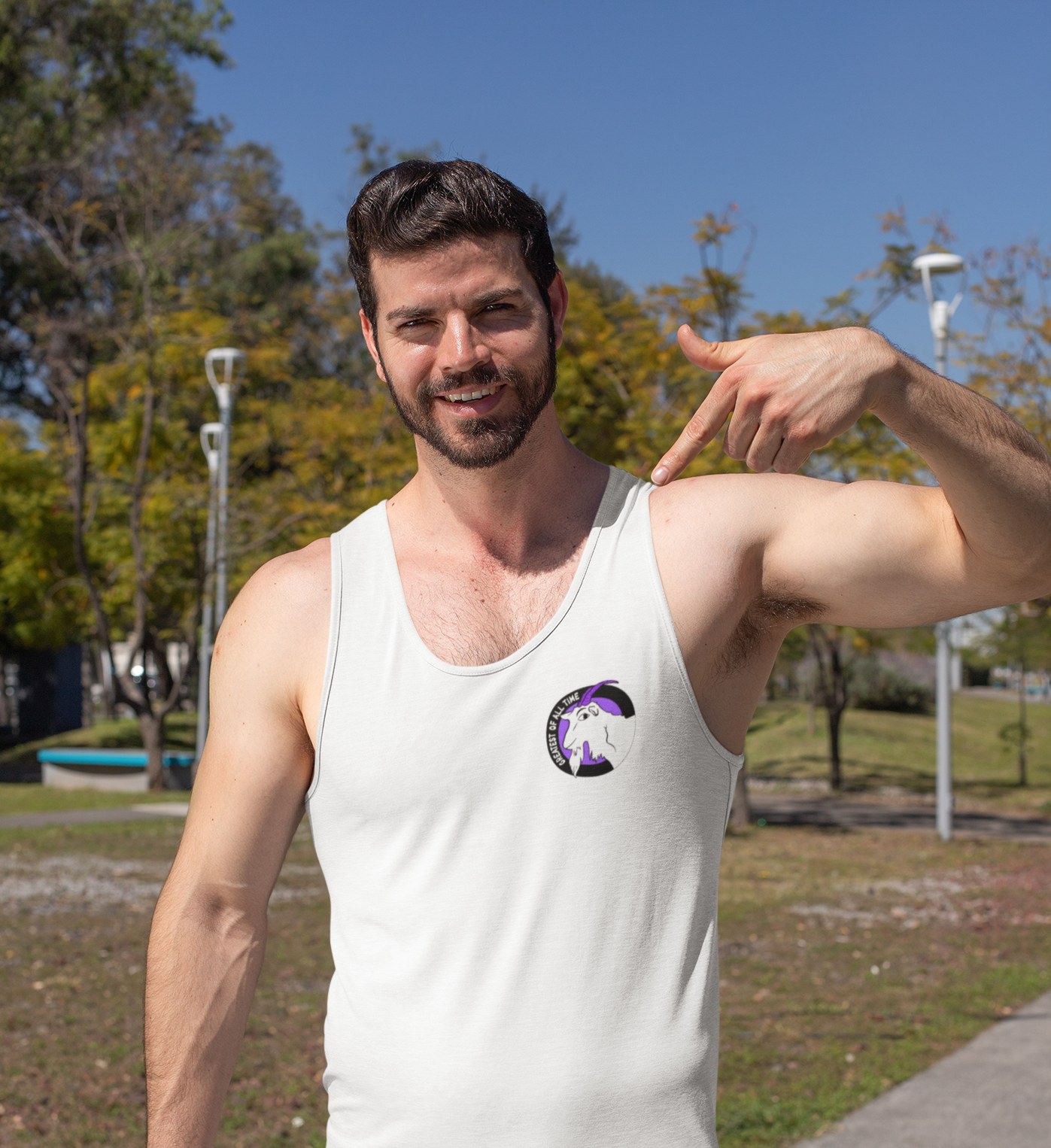 Model pointing to a graphic tank top