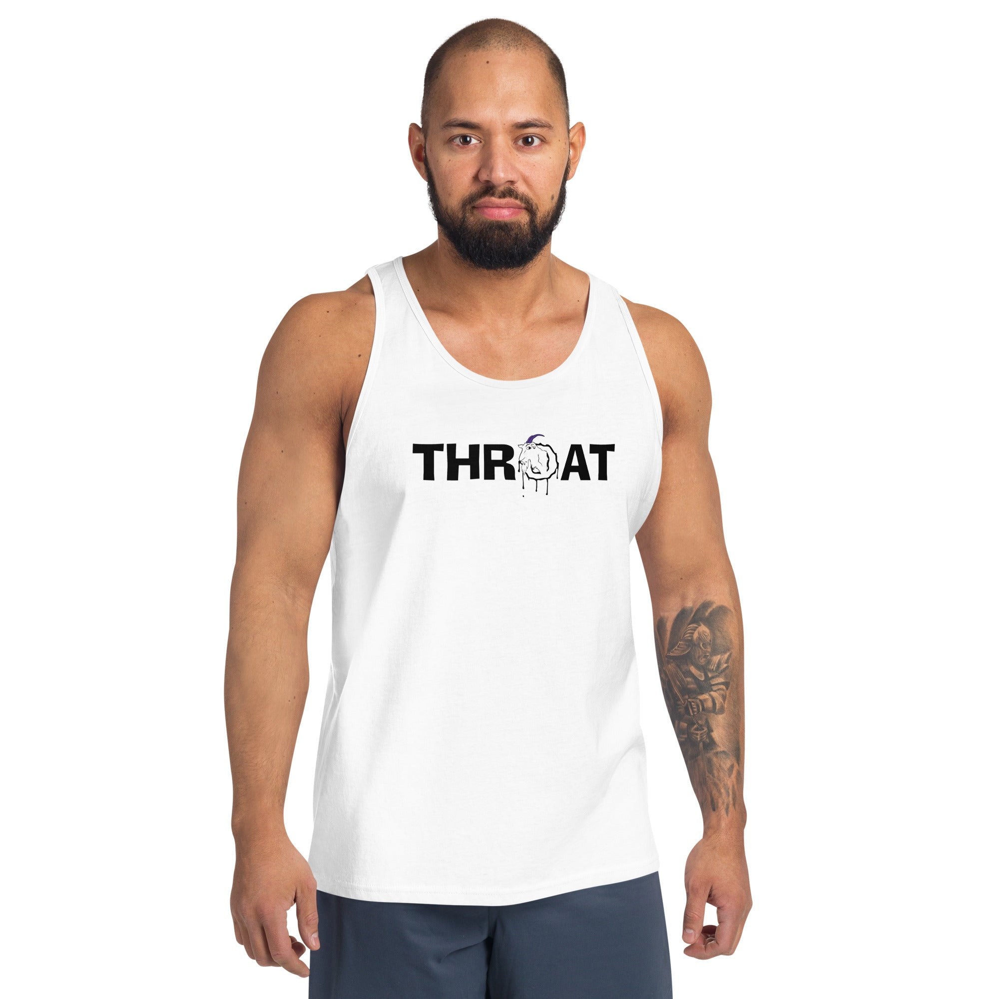 White THROAT workout tank shown from the front
