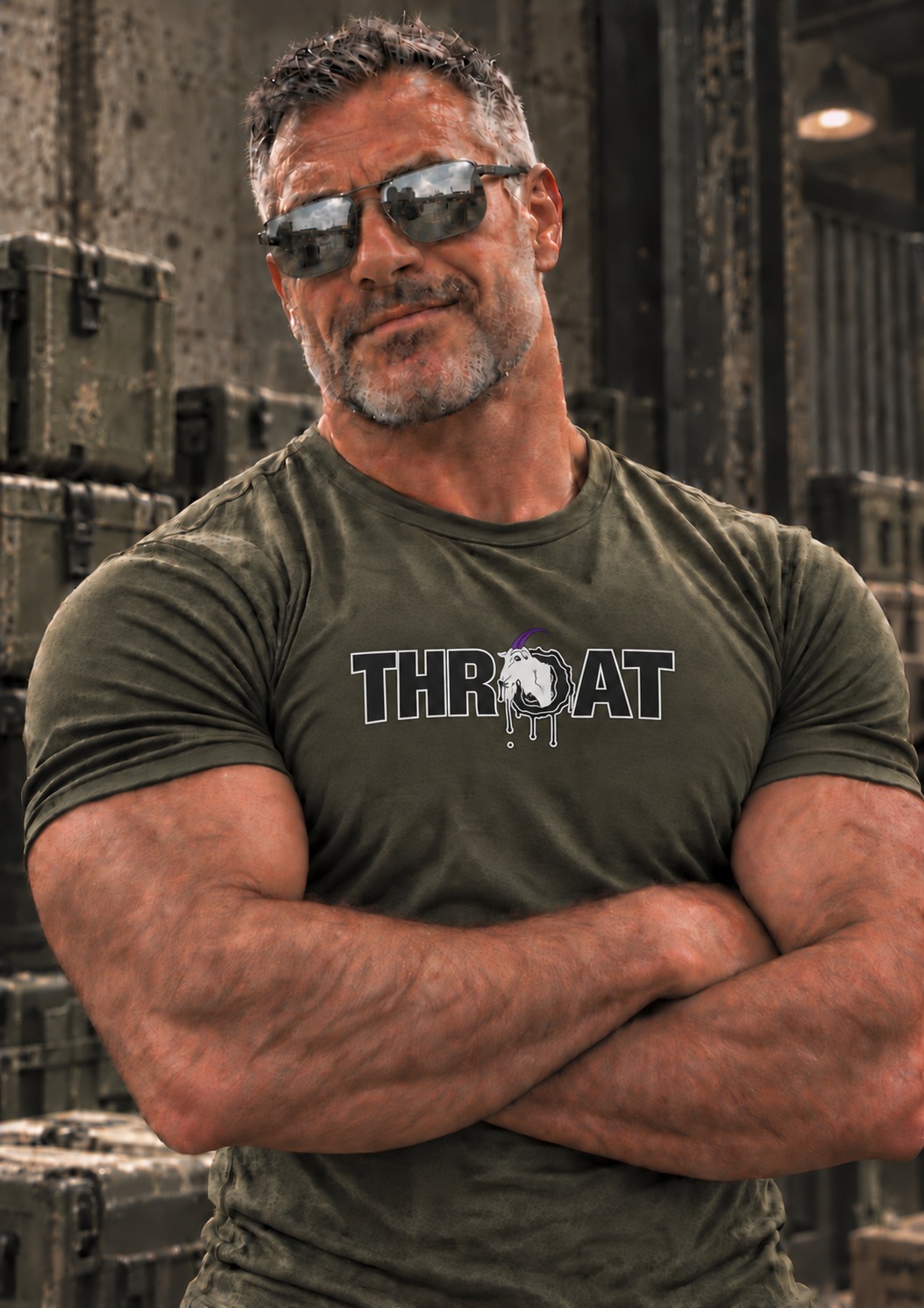 Original model wearing the olive-green THROAT graphic tee