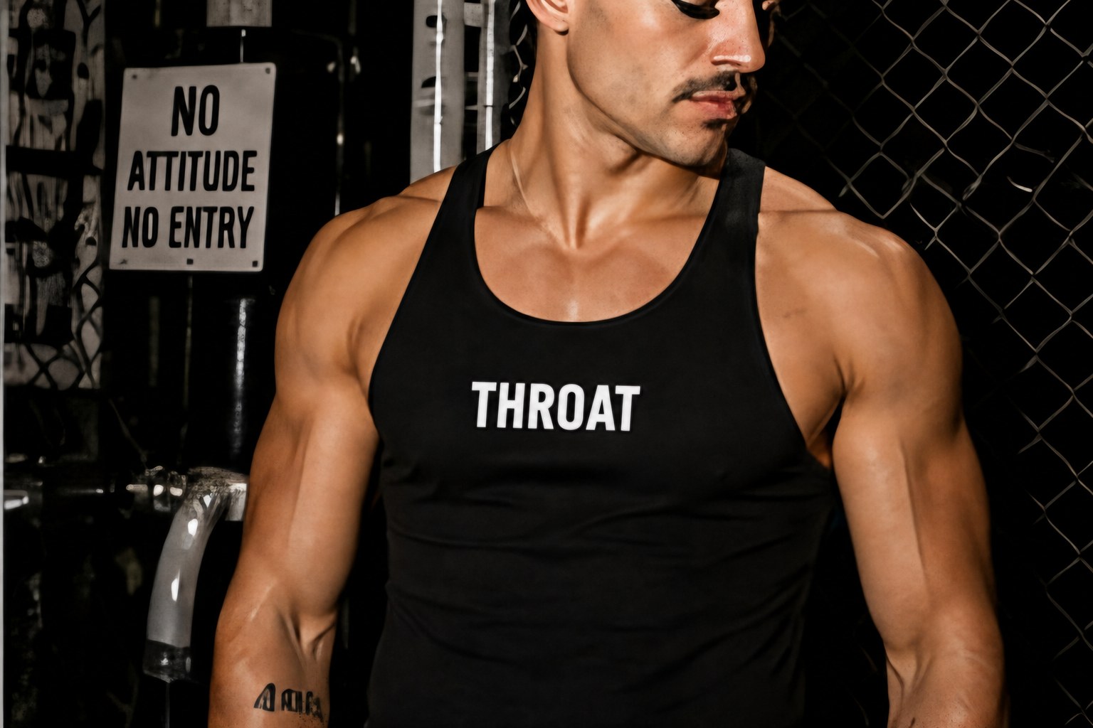 Model wearing a black THROAT workout tank beside a chain-link gate