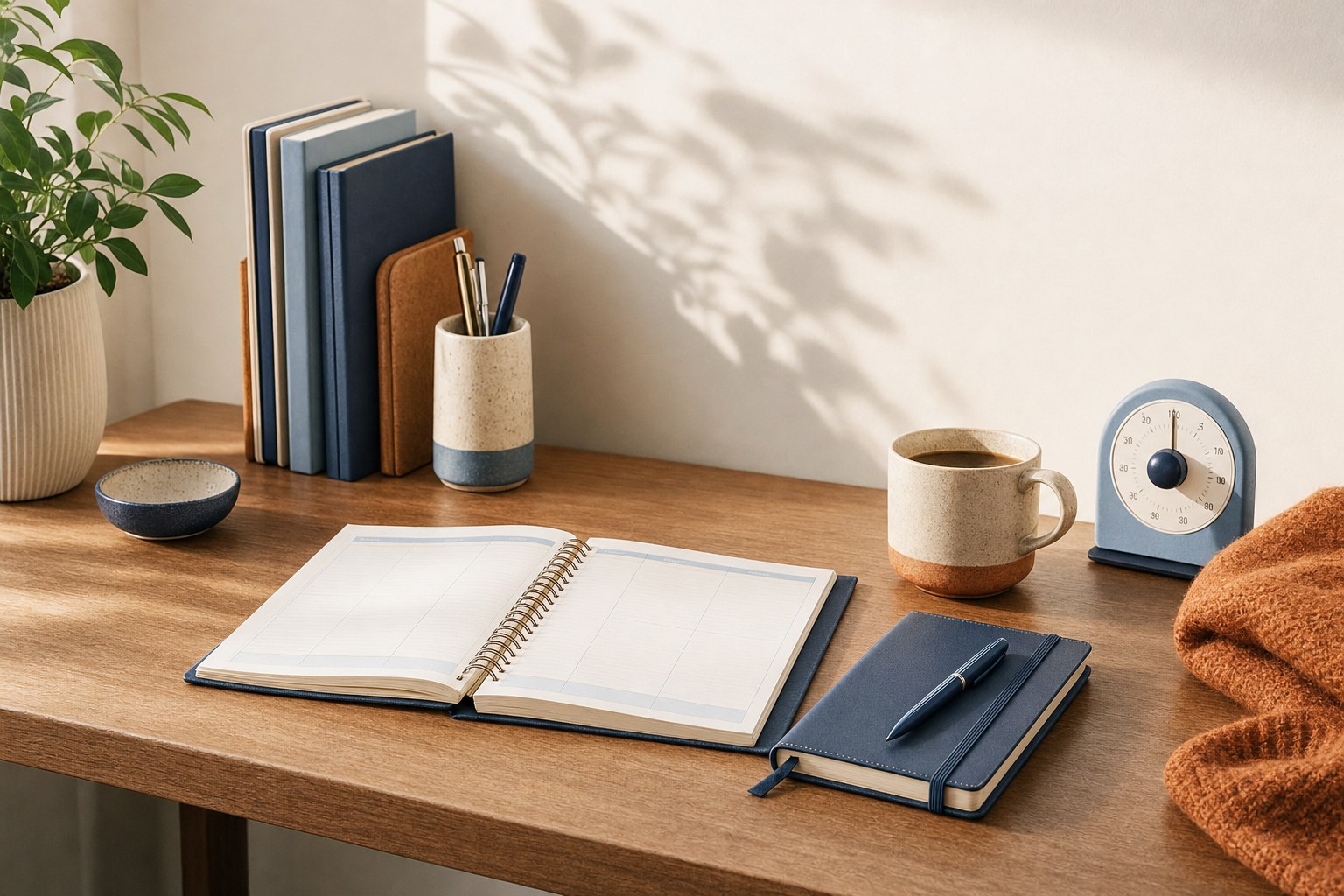 A calm home planning desk with a notebook, planner, and timer