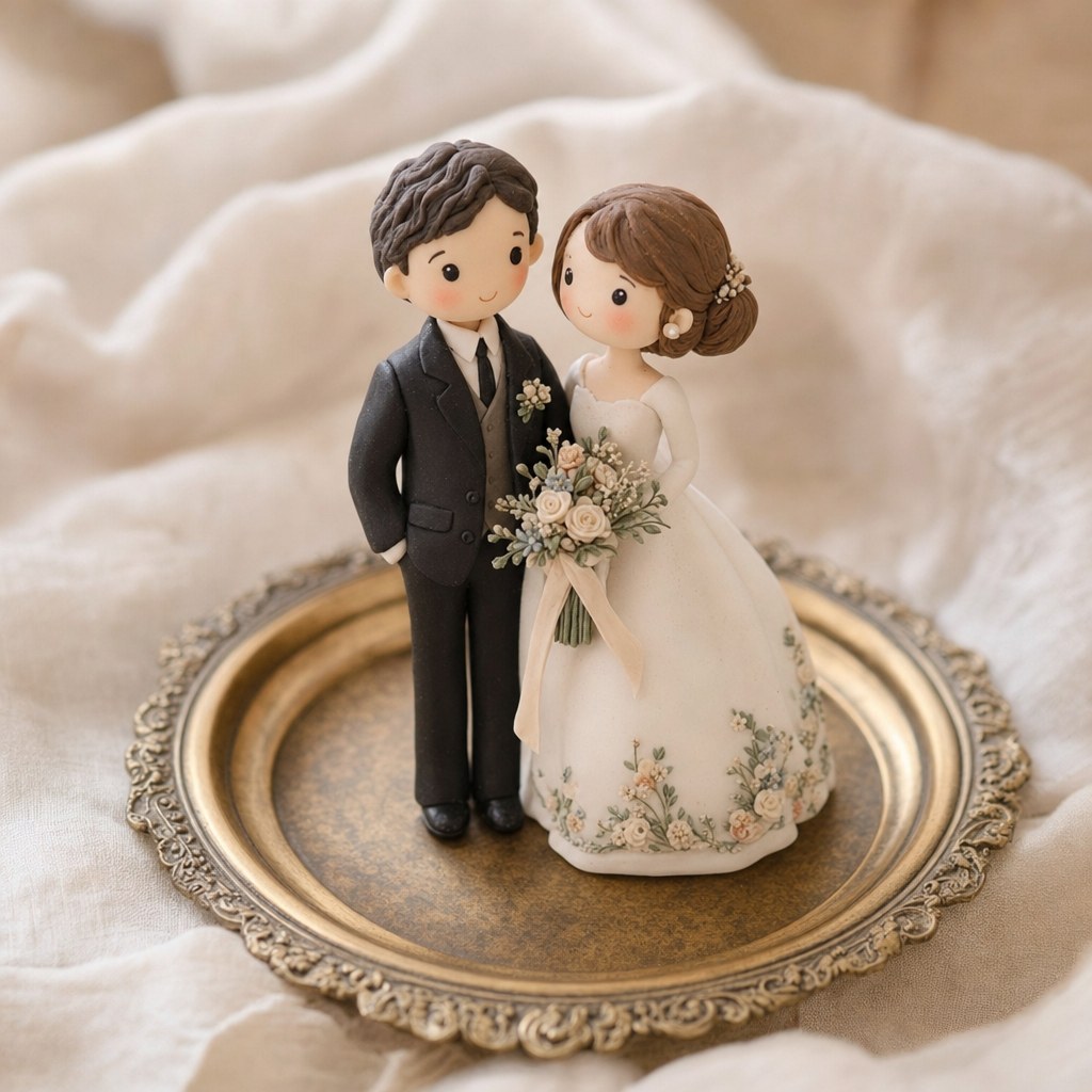 Vintage-inspired clay couple topper with floral details by Lynn's Little Creations