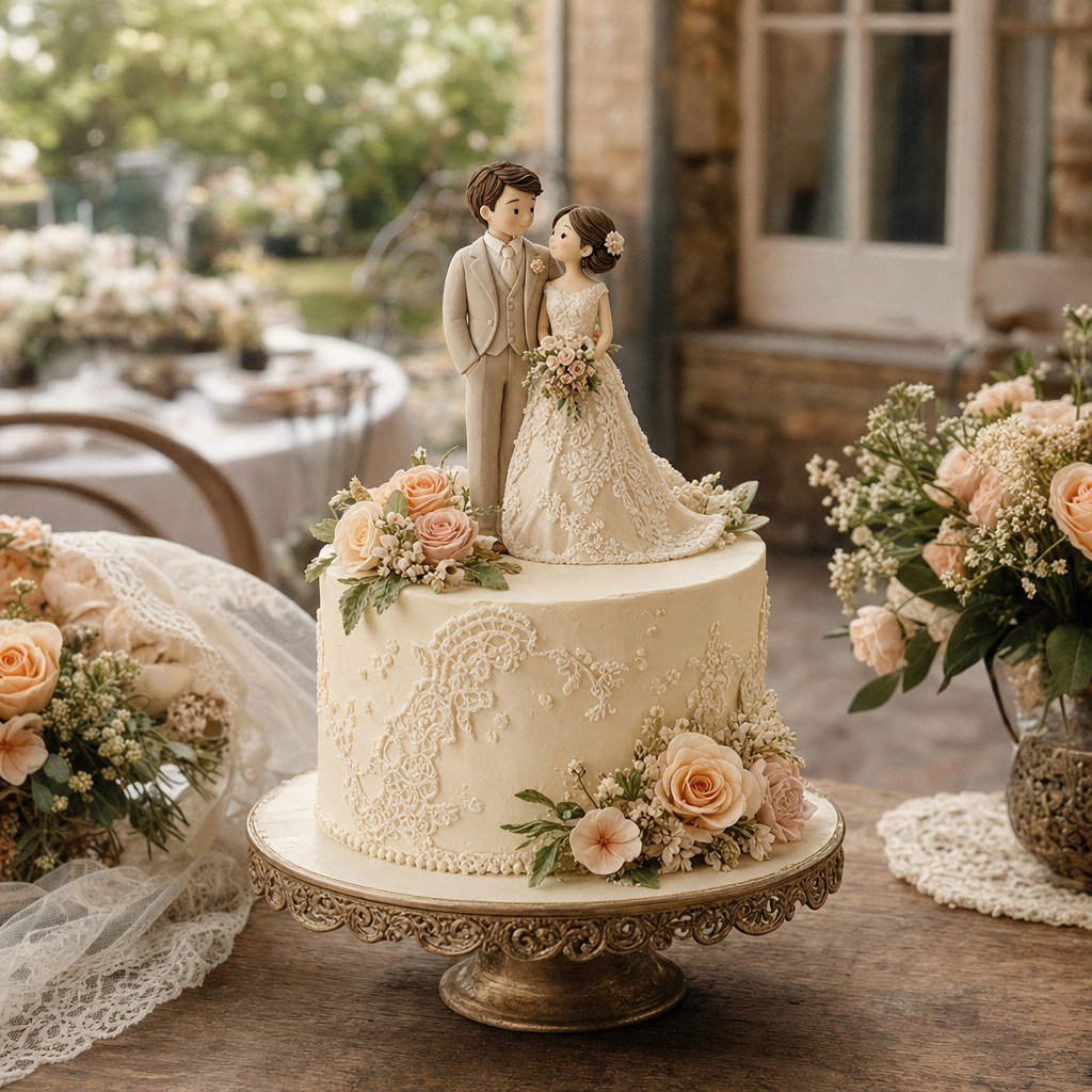 Vintage-inspired handmade wedding cake topper by Lynn's Little Creations