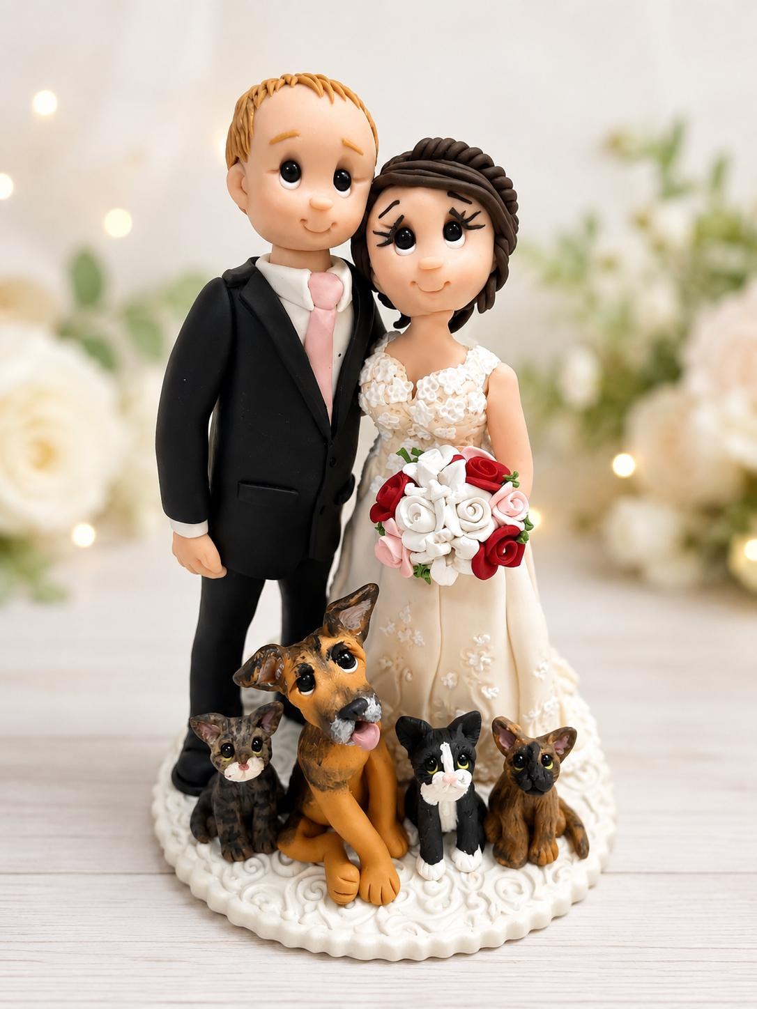Wedding Cake Topper with Multiple Pets | Custom Couple & Pet Family Figurine by Lynn's Little Creations
