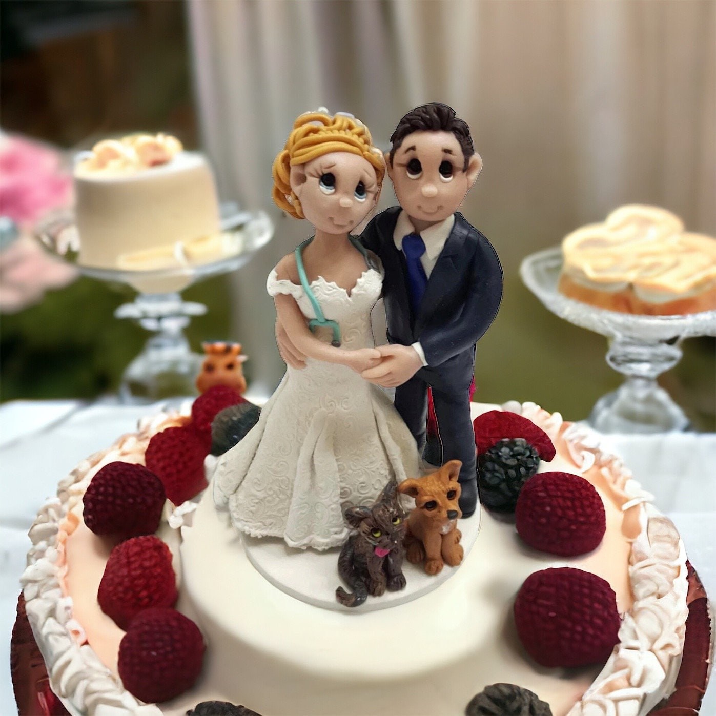 NURSE Bride & Groom with a Dog and a Cat Custom Made Wedding Cake Topper - By LYNNSLITTLECREATIONS by Lynn's Little Creations