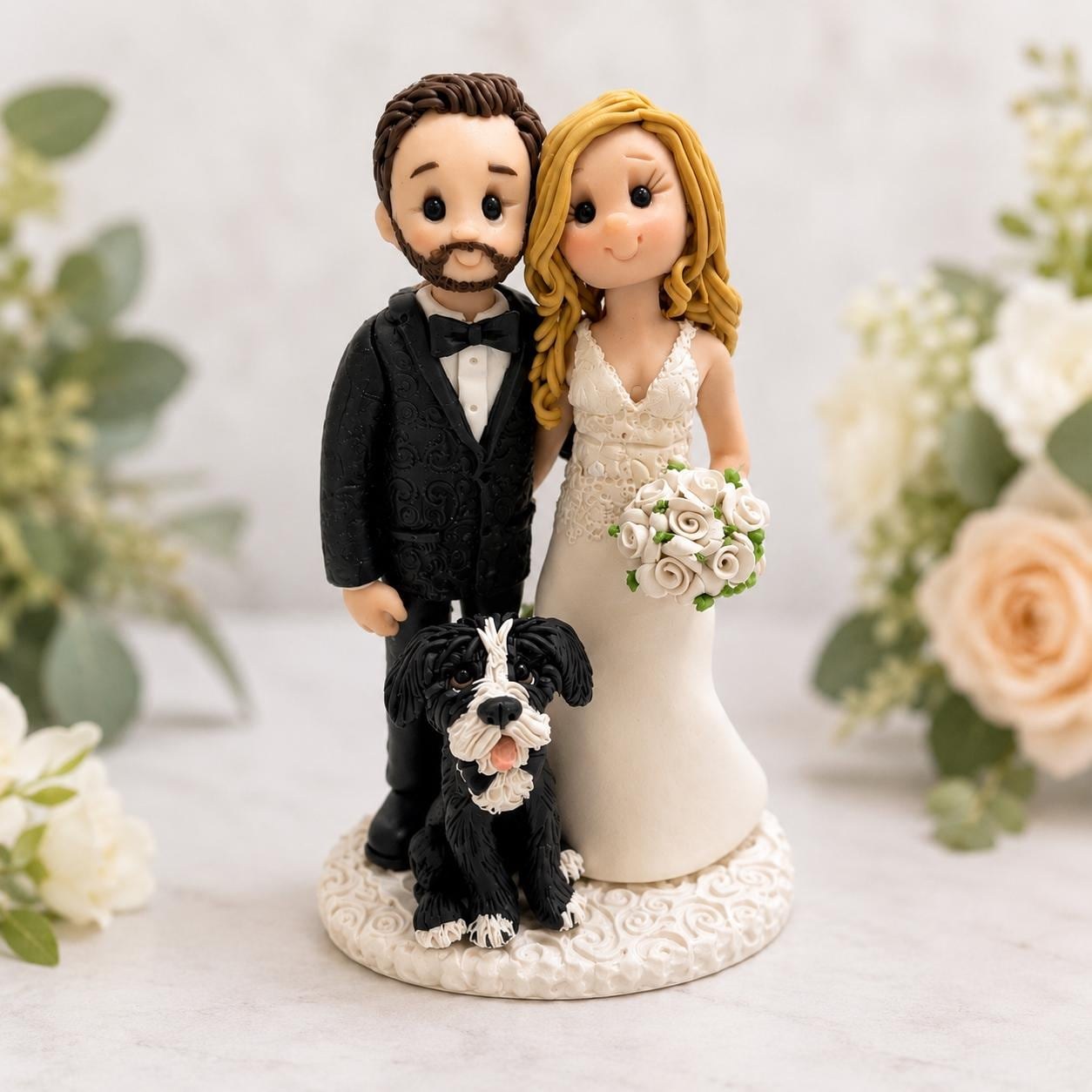 Custom Wedding Cake Topper with Dog, Personalized Couple & Pet by Lynn's Little Creations