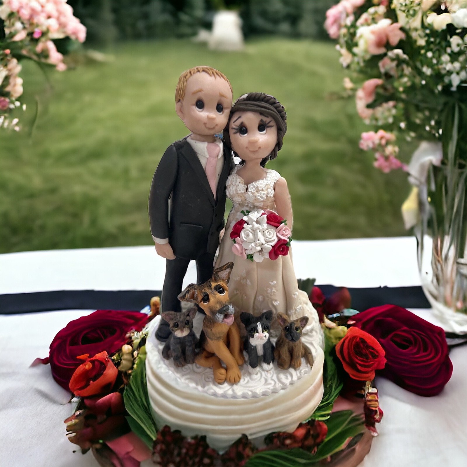 Custom Wedding Cake Topper with Pets: Handmade Bride & Groom by Lynn's Little Creations
