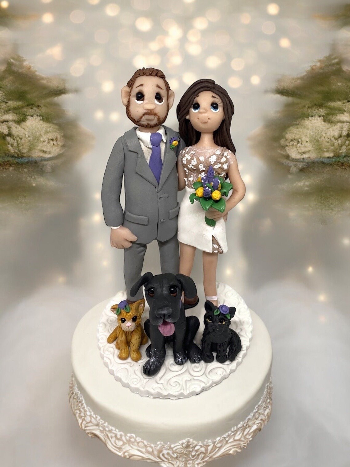 Bride and Groom with Dogs and Cats Custom Made Wedding Cake Topper by Lynnslittlecreations by Lynn's Little Creations