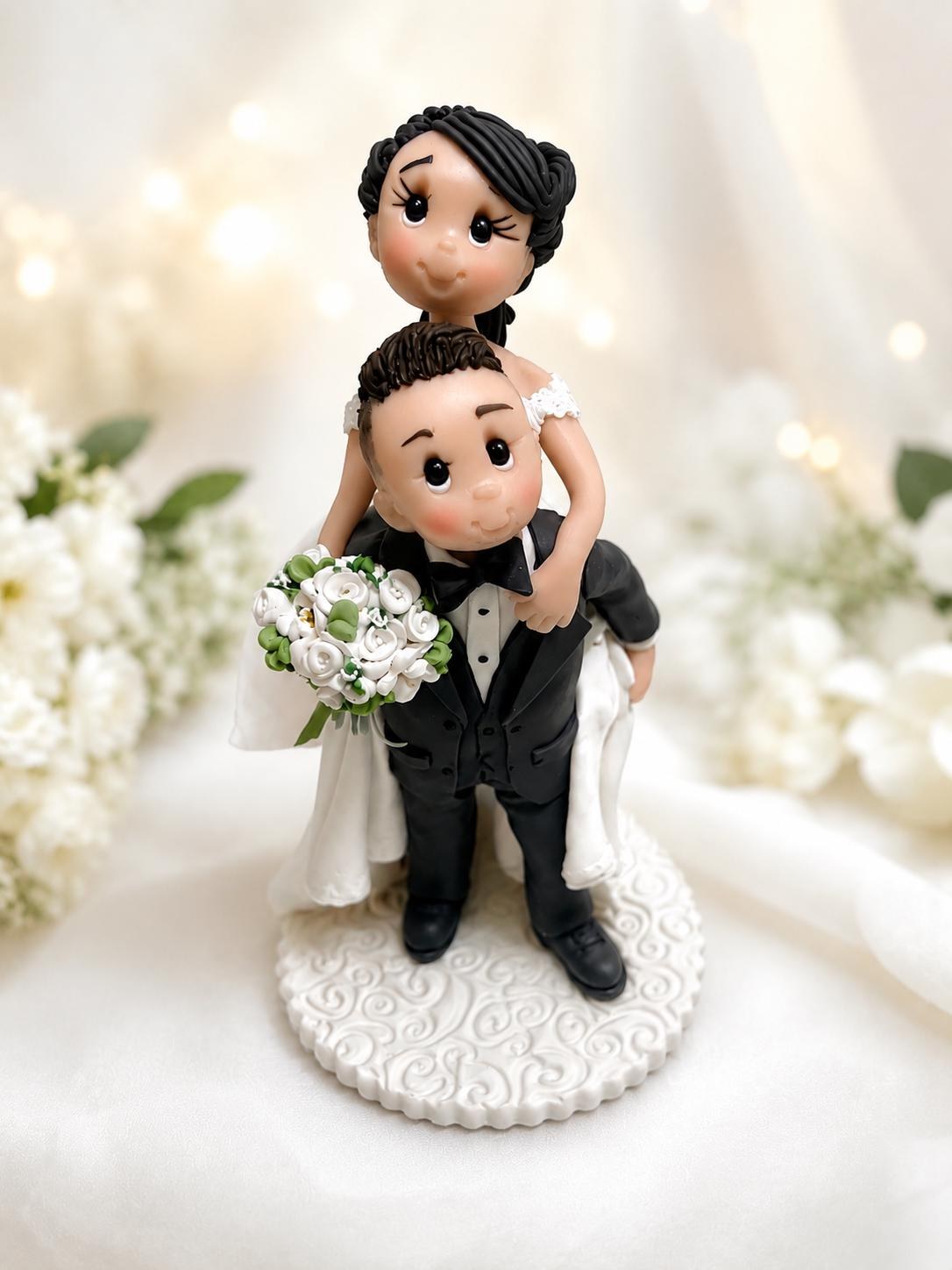 Custom Piggyback Wedding Cake Topper • Handmade Polymer Clay Bride Groom Keepsake by Lynn's Little Creations