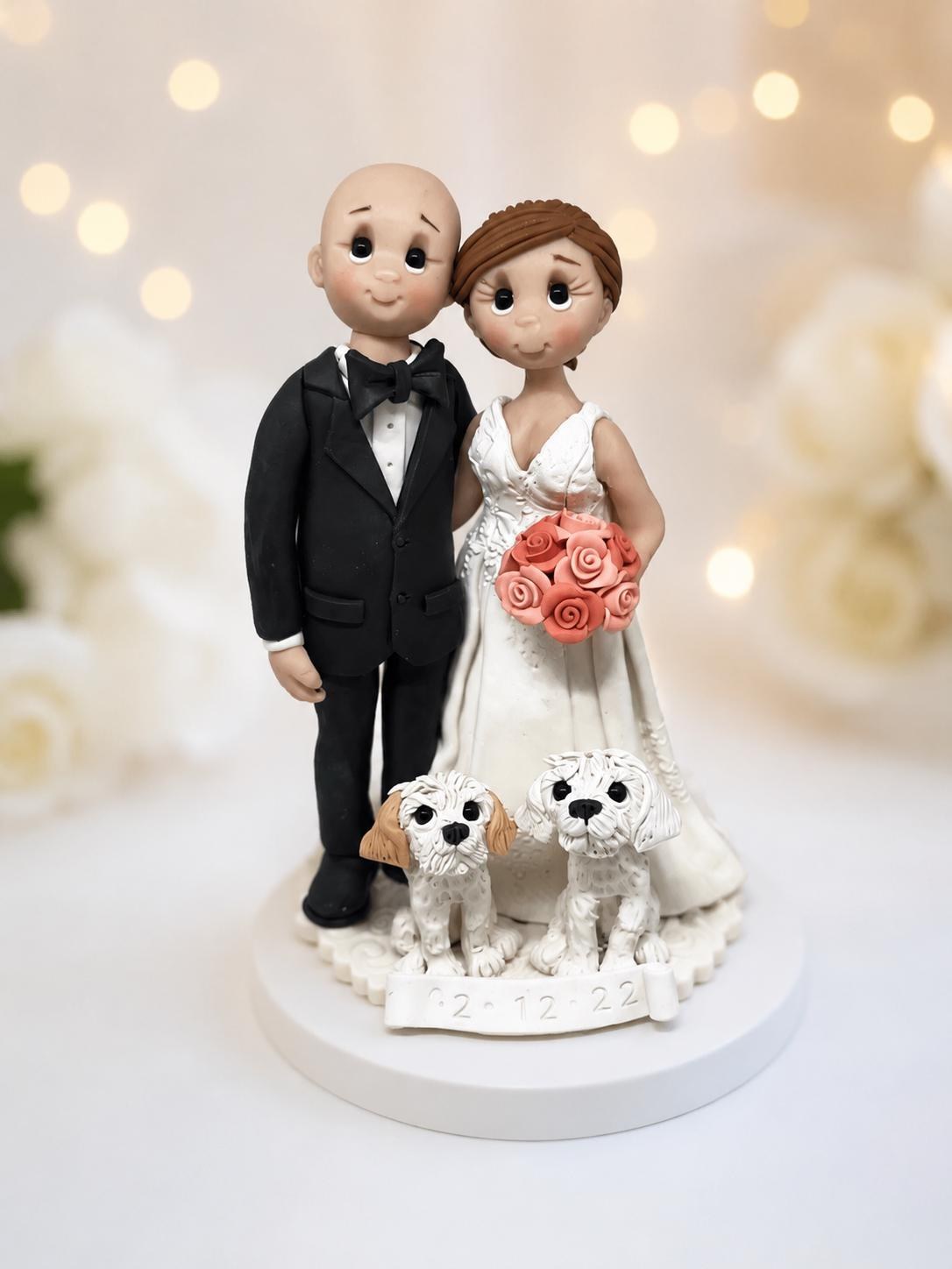 Bride and groom with dogs cake topper custom made unique wedding gift by Lynn's Little Creations