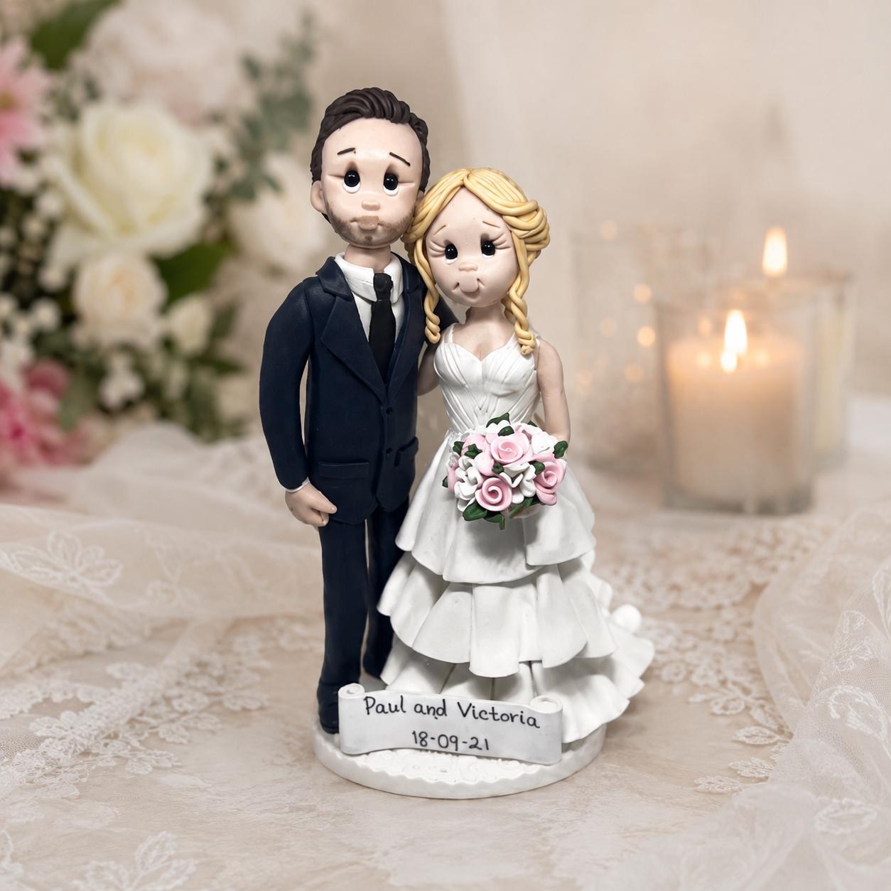 Bride & Groom Keepsake Figurine – Personalized Wedding Gift Handmade from Polymer Clay by Lynn's Little Creations