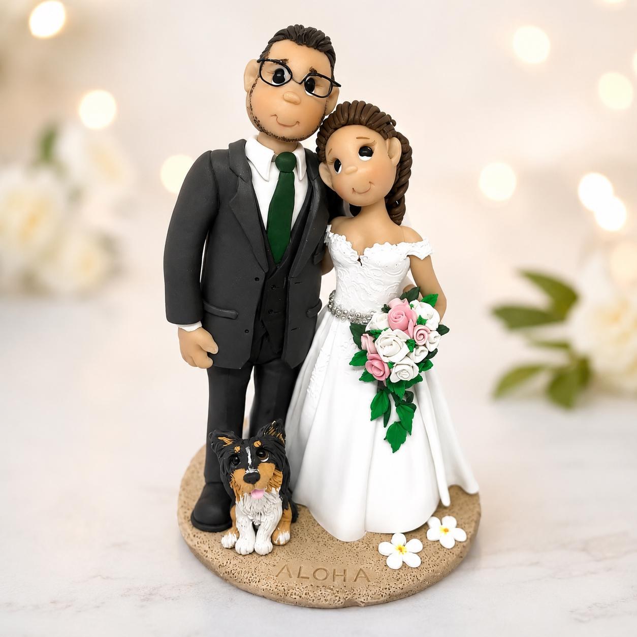 Custom Bride & Groom Cake Topper with Dog – Handmade Wedding Keepsake by Lynn's Little Creations