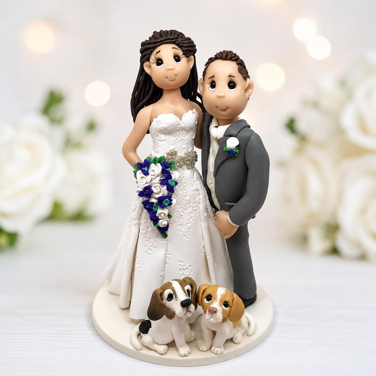 Tall Bride + Shorter Groom Wedding Cake Topper with Dogs by Lynn's Little Creations