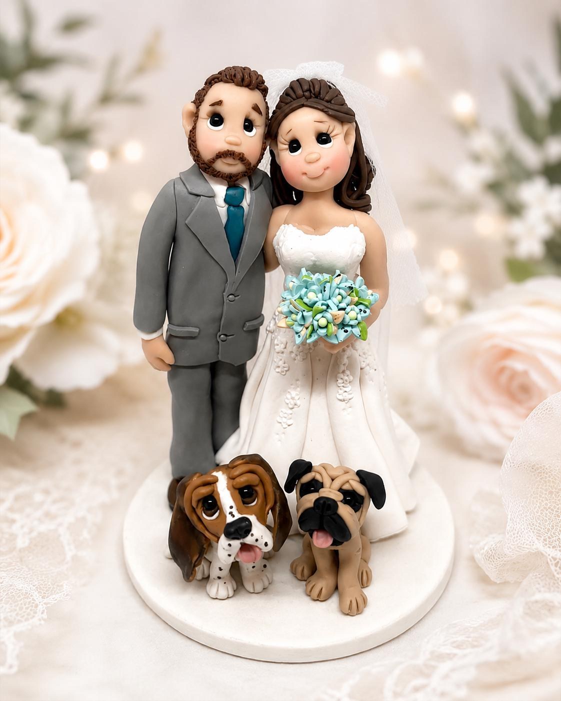 Custom Wedding Cake Topper, Bride Groom Dogs Figurine, Handmade Keepsake by Lynn's Little Creations