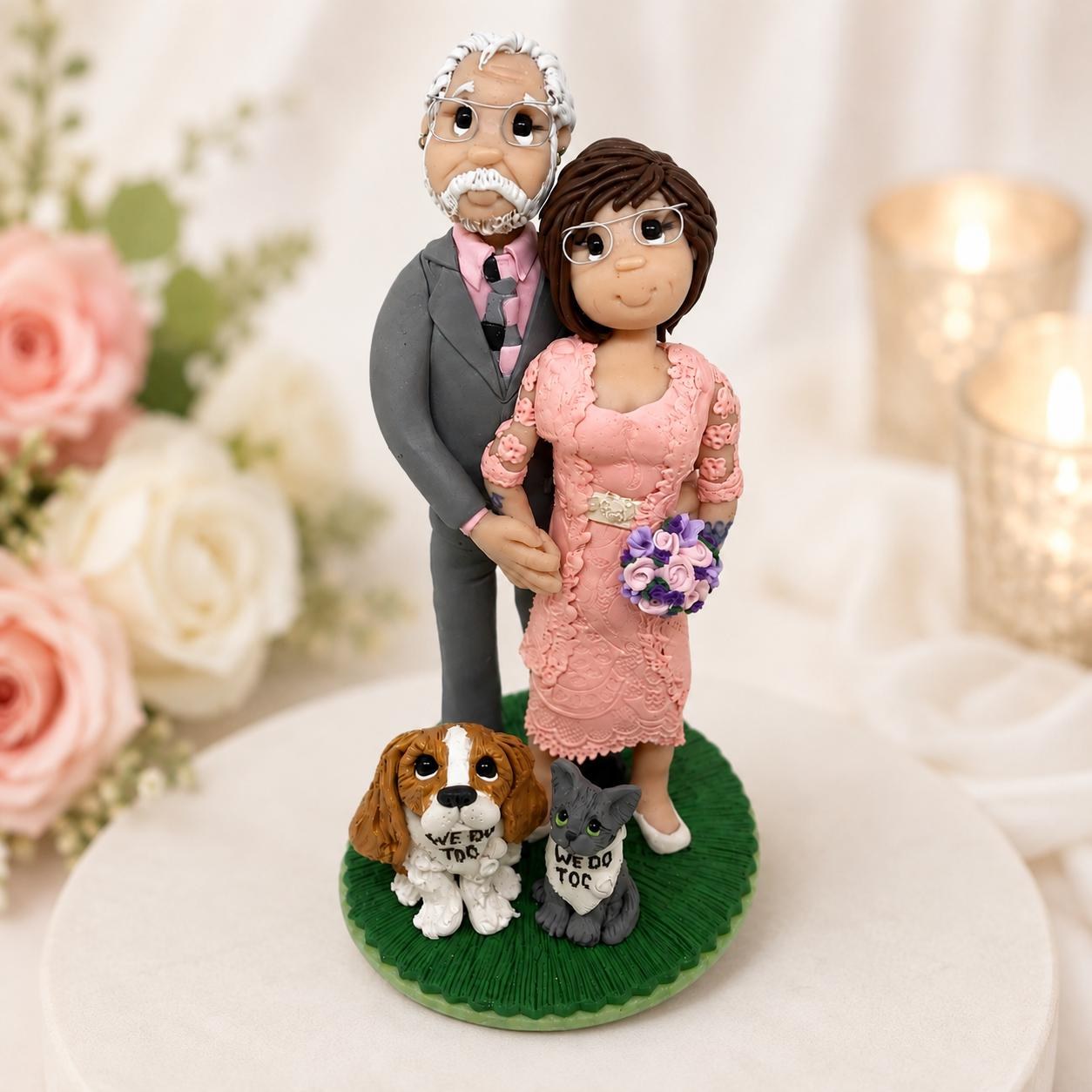 Custom Mature Couple & Pet Wedding Cake Topper, Personalized Vow Renewal Topper by Lynn's Little Creations