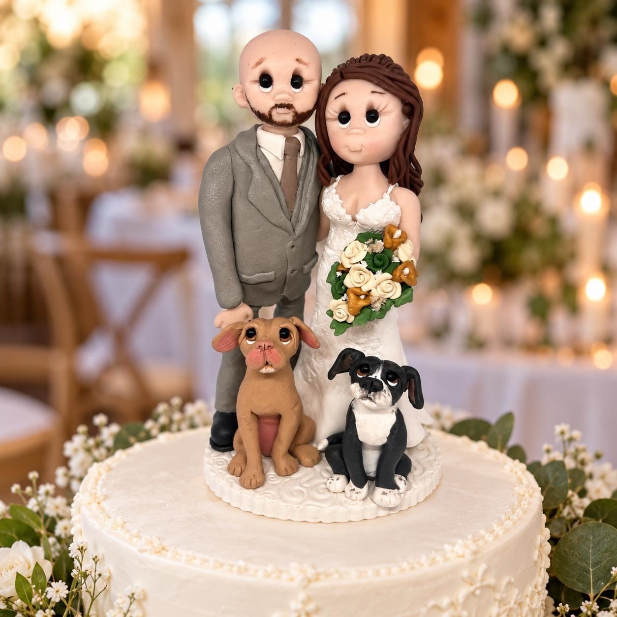 Custom Wedding Cake Topper With Bride, Groom & Pets by Lynn's Little Creations