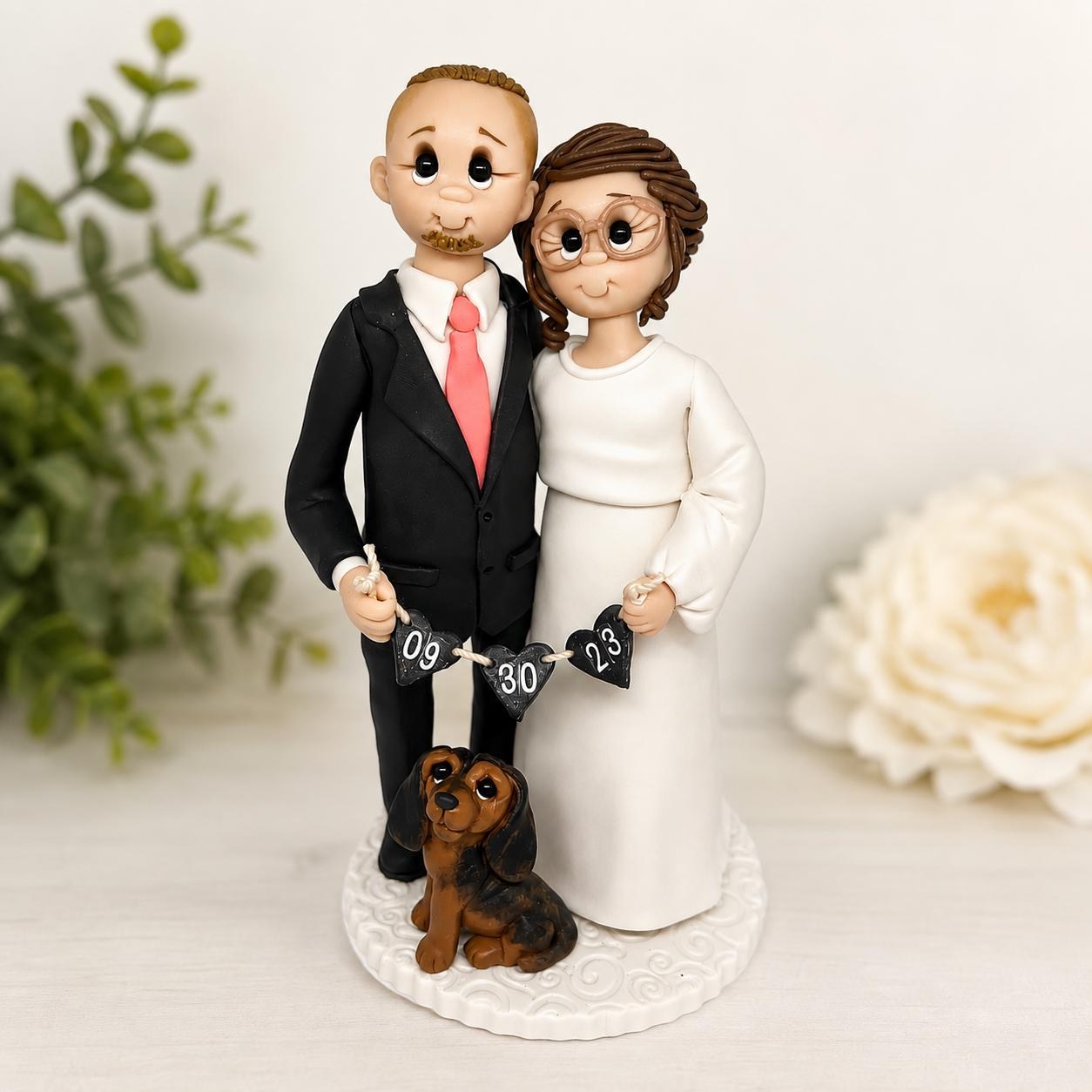 Personalized Anniversary Cake Topper with Couple & Pet, Handmade Polymer Clay Keepsake by Lynn's Little Creations