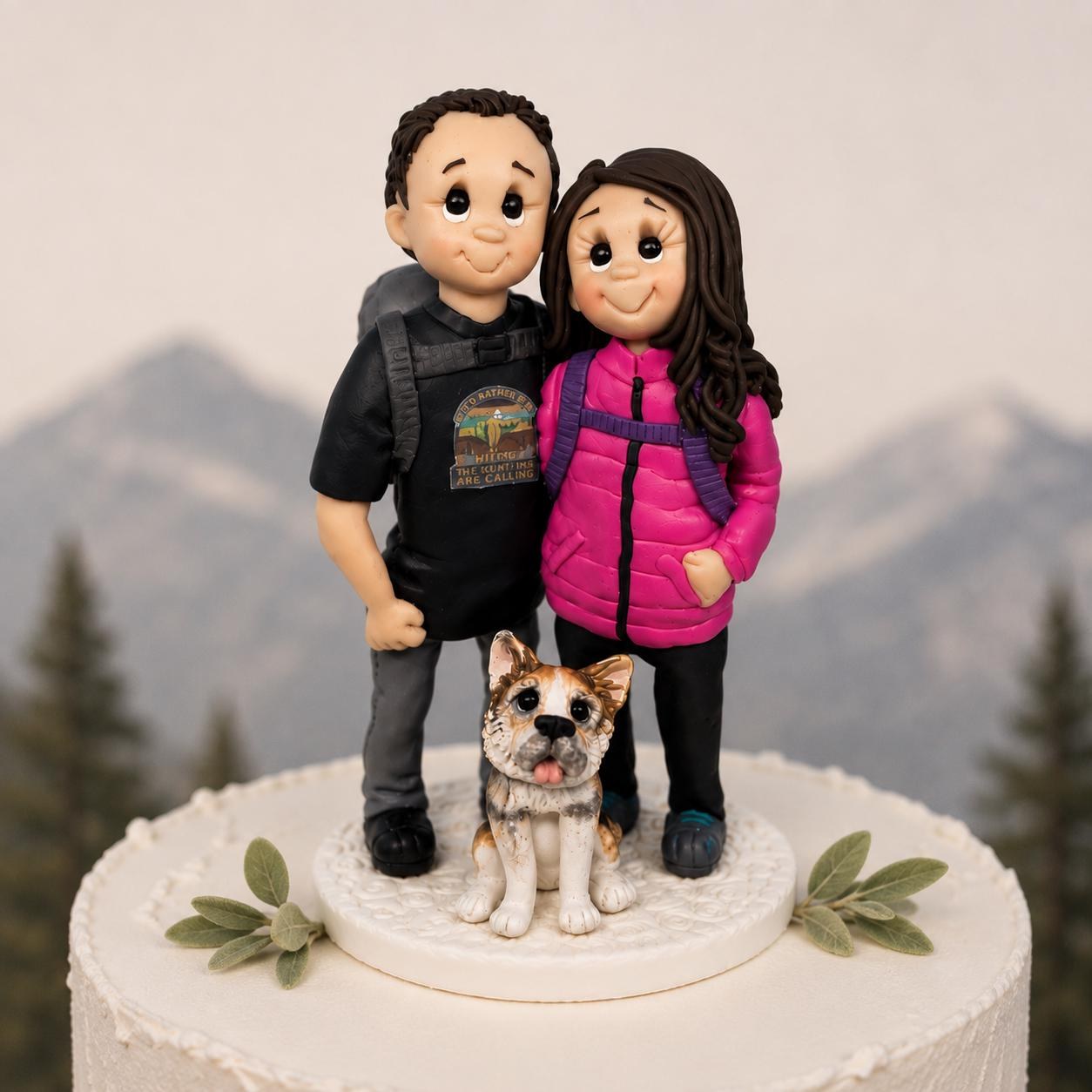 Custom Mountain Wedding Cake Topper, Personalized Couple with backpacks Figurine by Lynn's Little Creations