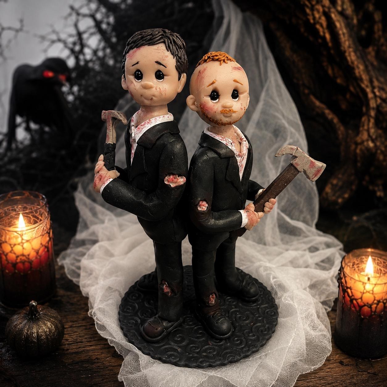 Same Sex Wedding Cake Topper, Two Grooms, Gothic Zombie Couple, Custom Polymer Clay by Lynn's Little Creations