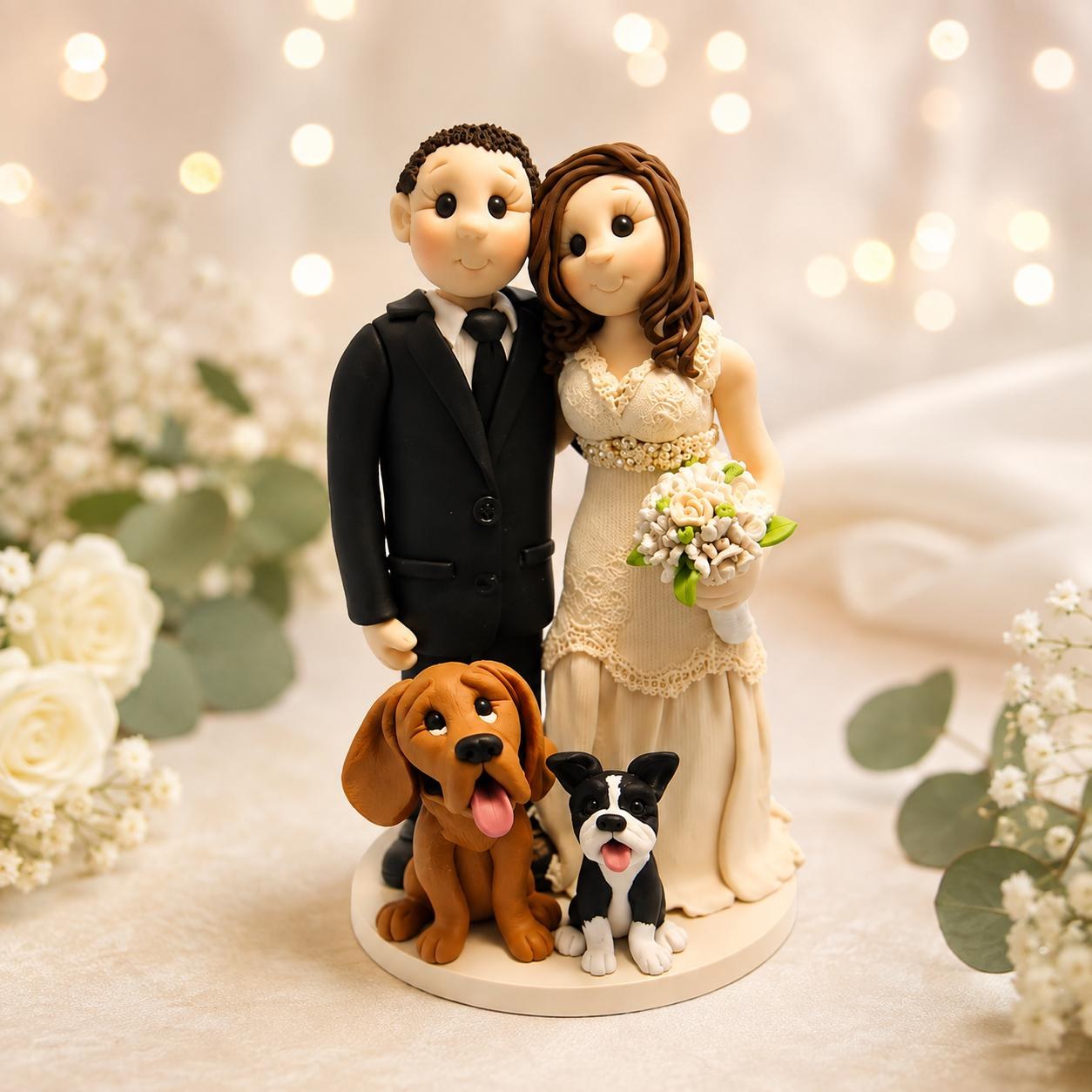 Personalized Wedding Cake Topper Polymer Clay Bride Groom Hound Dog Boston Terrier Figurine by Lynn's Little Creations