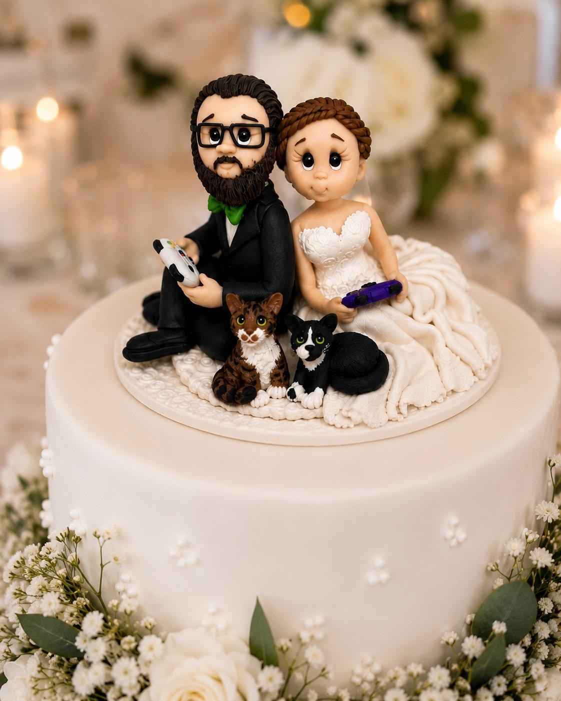 Personalized Couple Figurine with Cats | Gamer Wedding Cake Topper Keepsake by Lynn's Little Creations