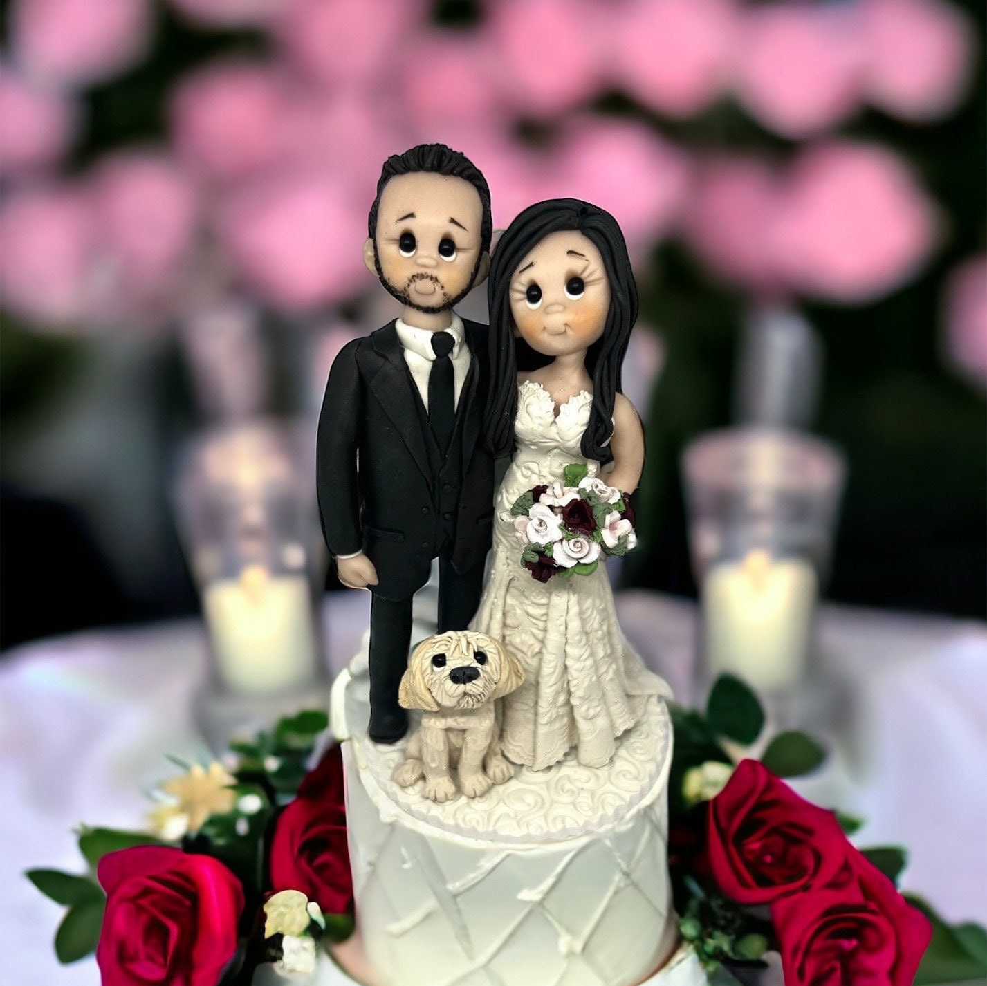 Custom Bride and Groom Cake Topper with Dog - By Lynn’s Little Creations by Lynn's Little Creations