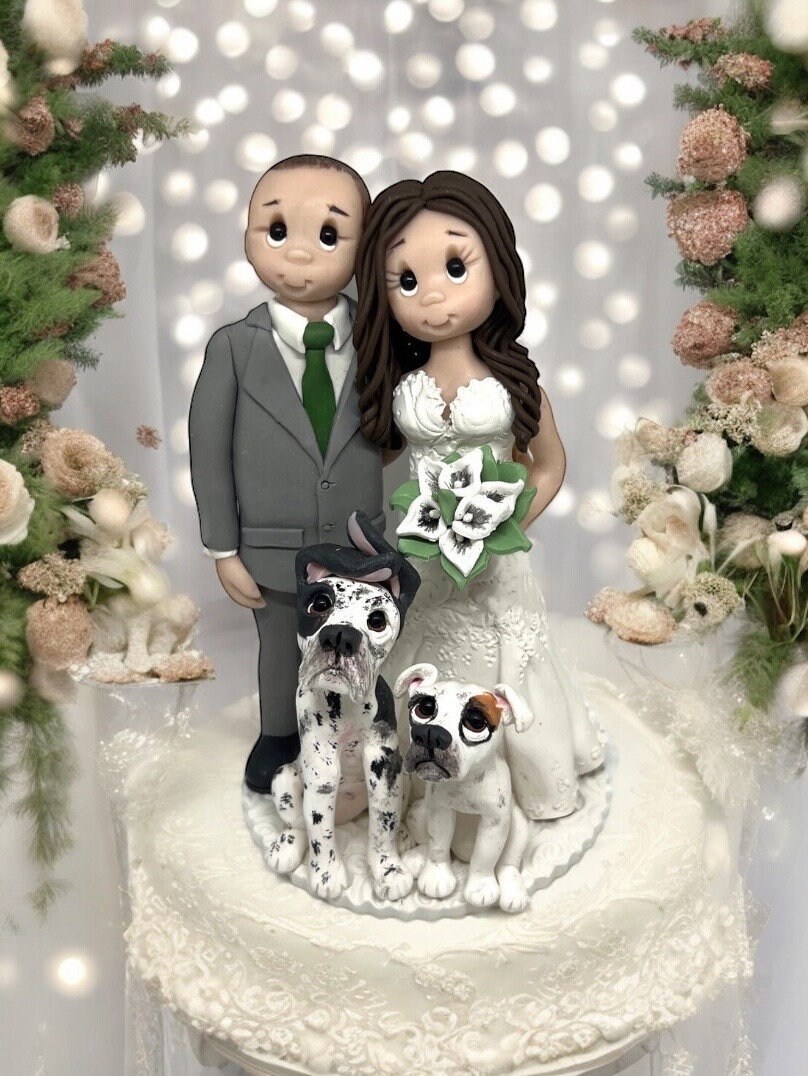 Custom Wedding Cake Topper: Bride, Groom & Dogs - By Lynn’s Little Creations by Lynn's Little Creations