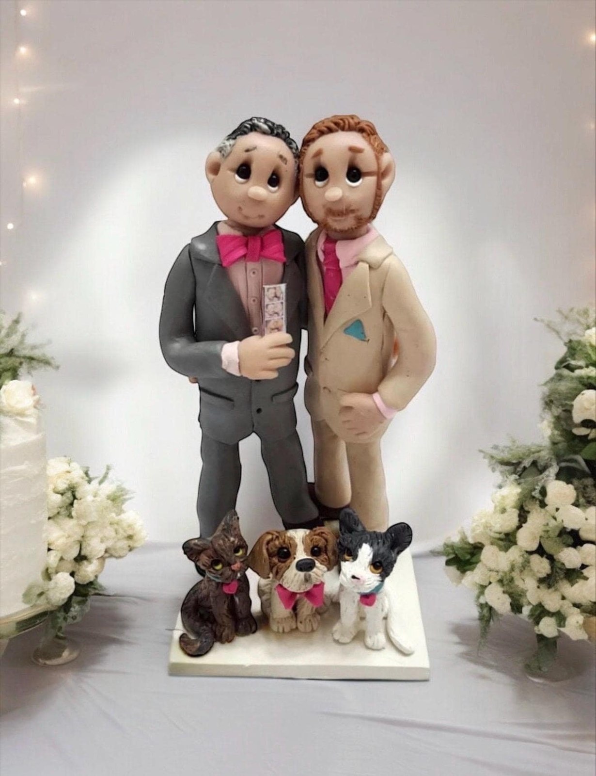 Two Grooms Wedding Cake Topper with Pets | Personalized Handmade Polymer Clay Keepsake by Lynn's Little Creations