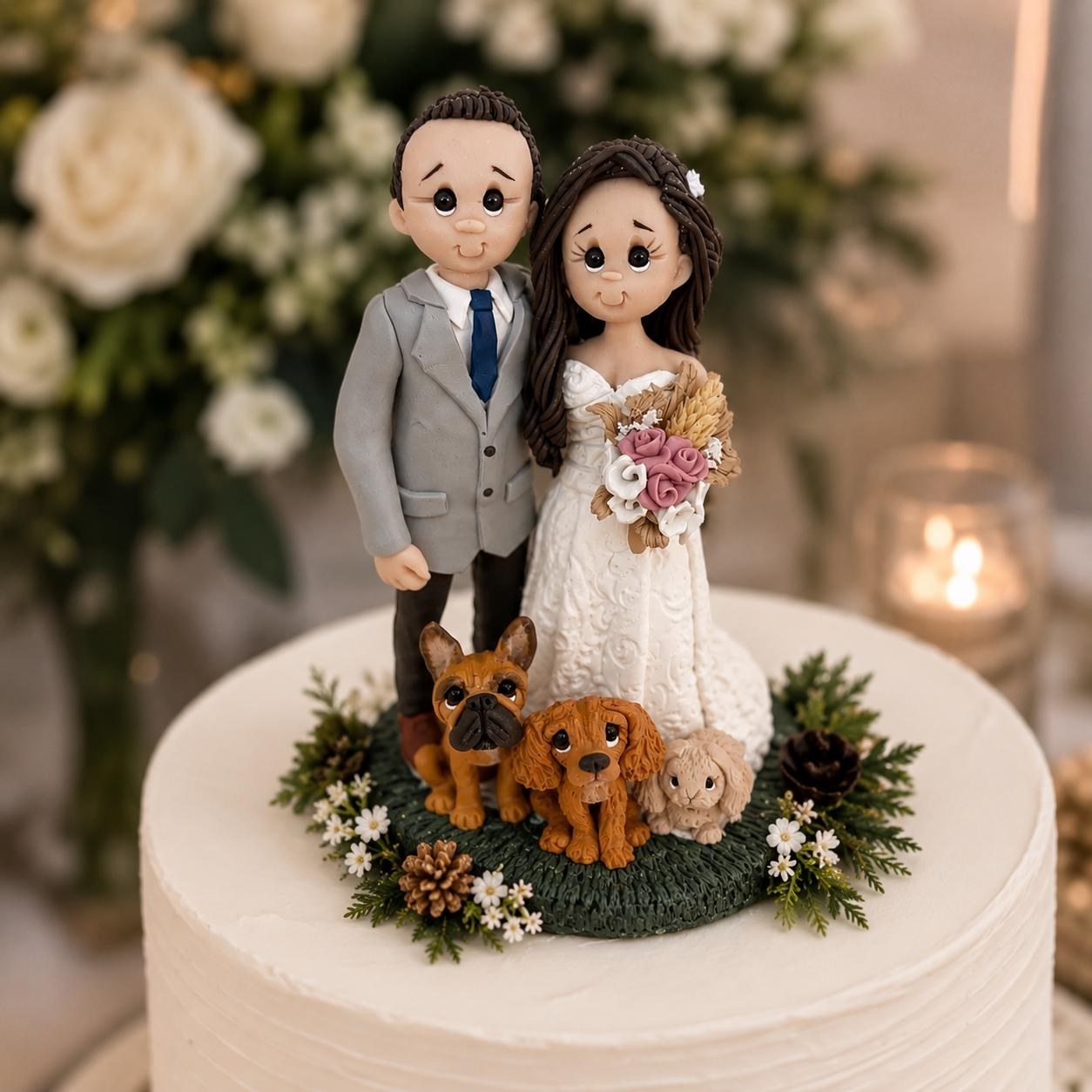 Traditional bride and groom with dogs and bunny personalized cake topper by Lynn's Little Creations