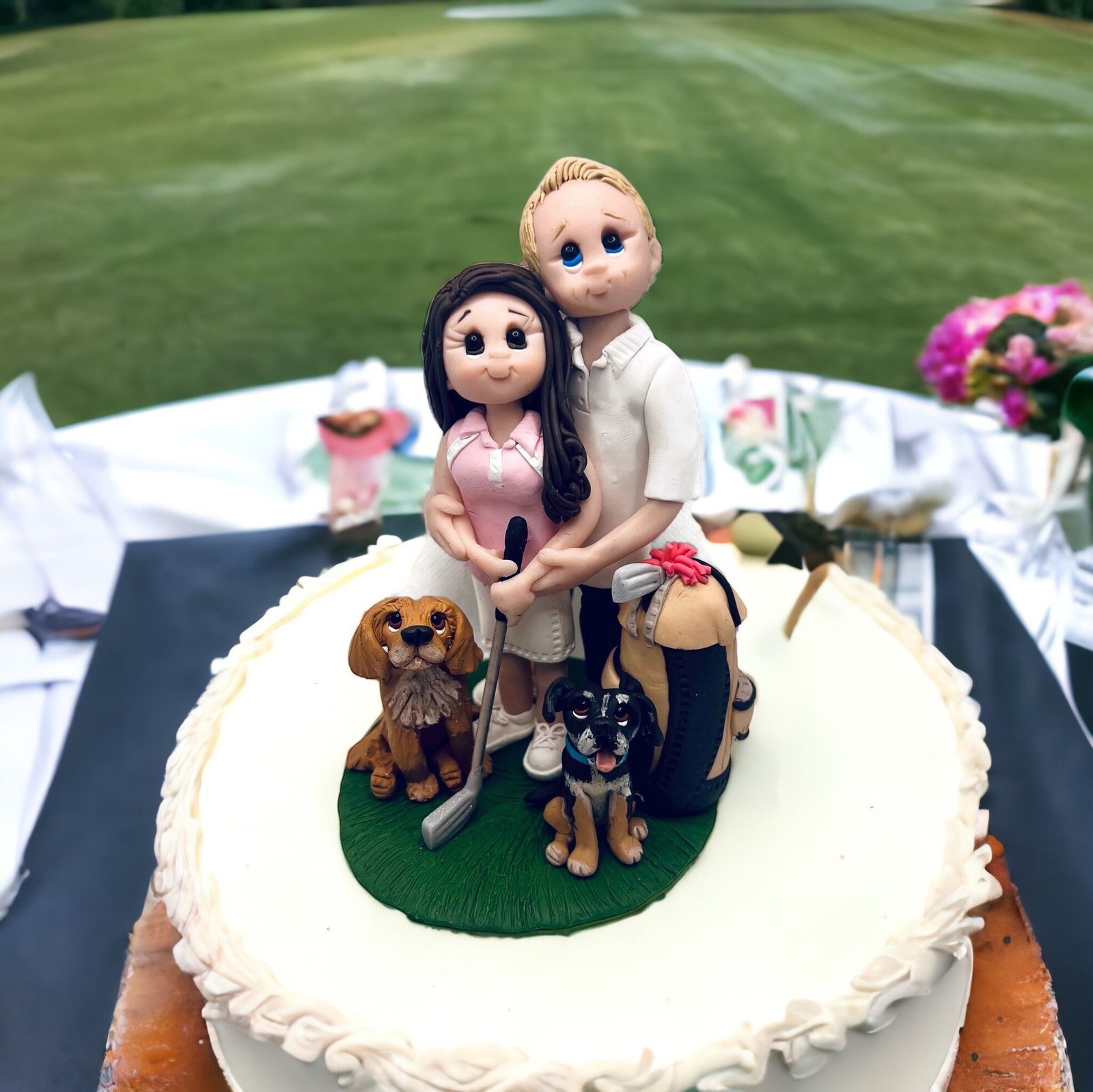 Custom Golfers Wedding Cake Topper with dogs handmade by Lynn’s Little Creations by Lynn's Little Creations