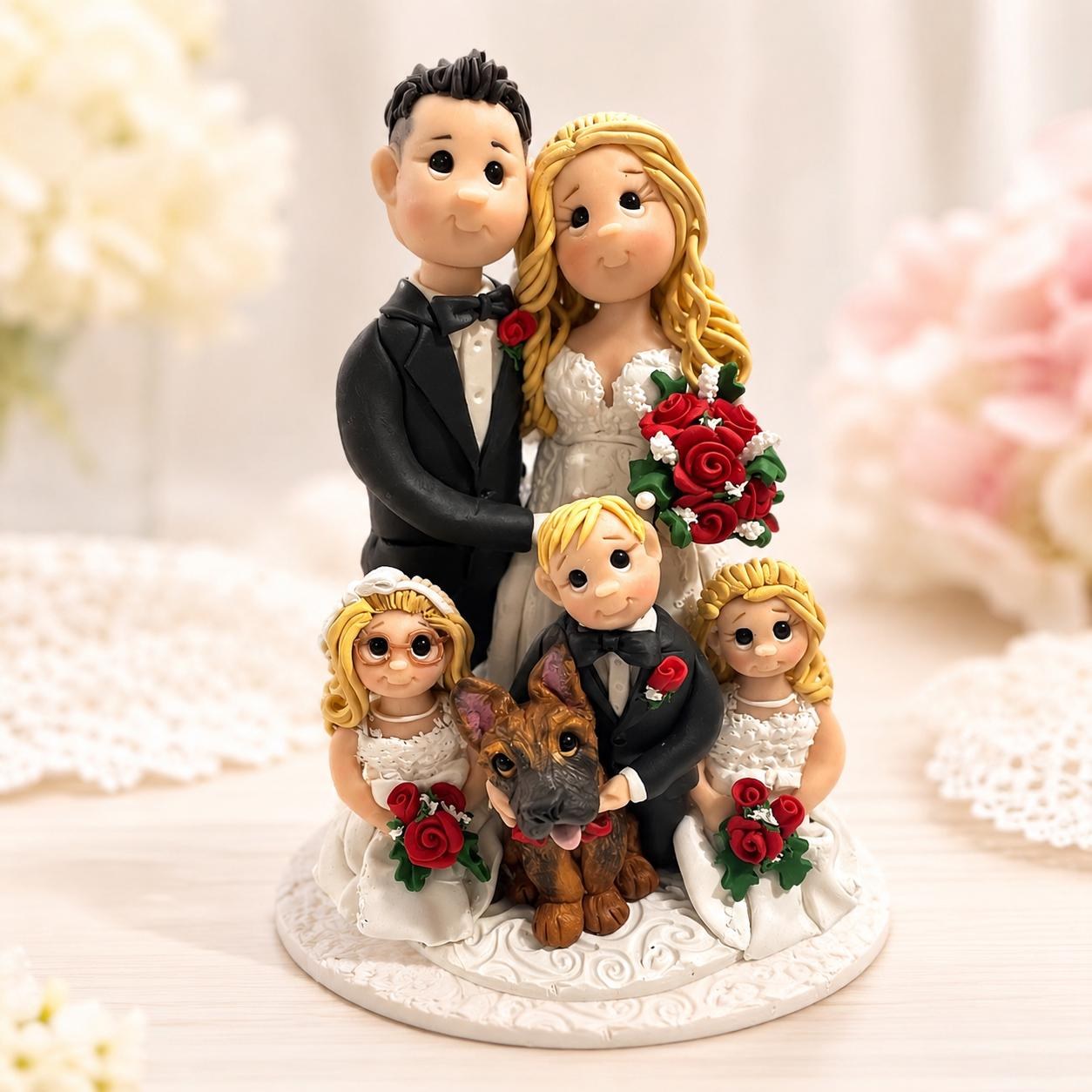 Wedding Family Cake Topper with Children & Dog | Handmade Polymer Clay Figurine by Lynn's Little Creations