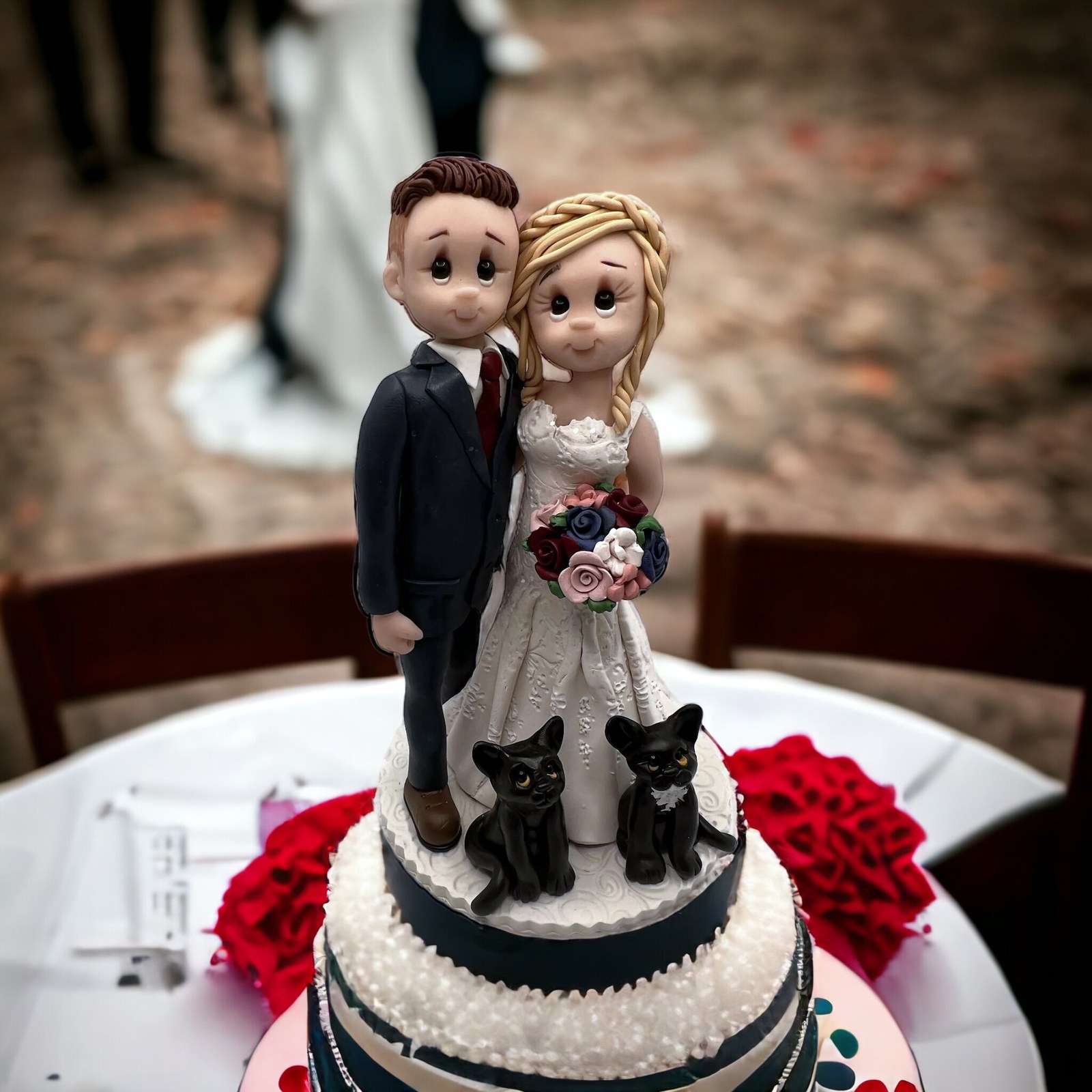 Personalized Wedding Cake Topper with Brides, Groom, and 2 Adorable Black Cats by Lynn's Little Creations