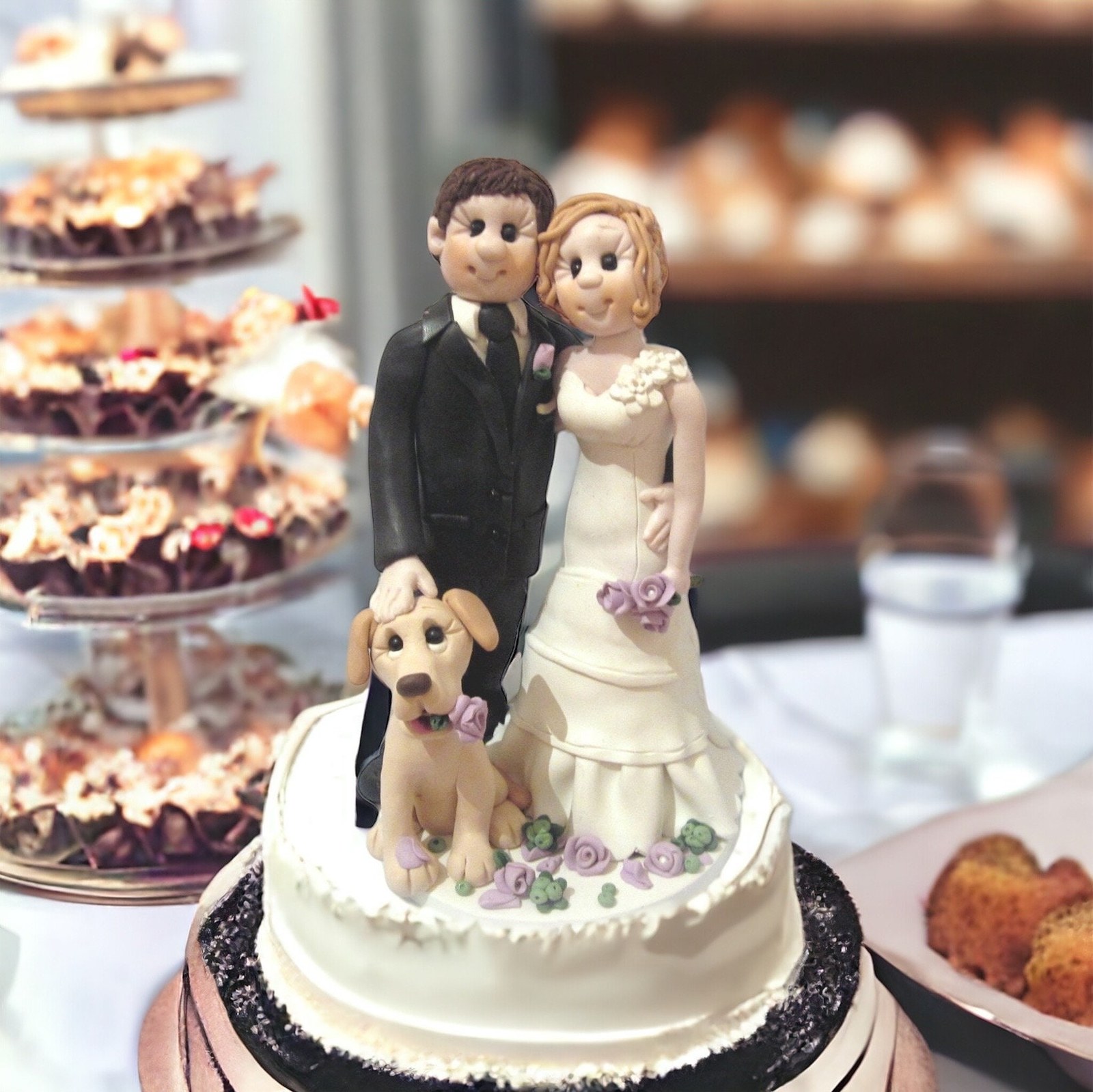 Custom Wedding Cake Topper: Bride, Groom & Dog Figurine by Lynn's Little Creations