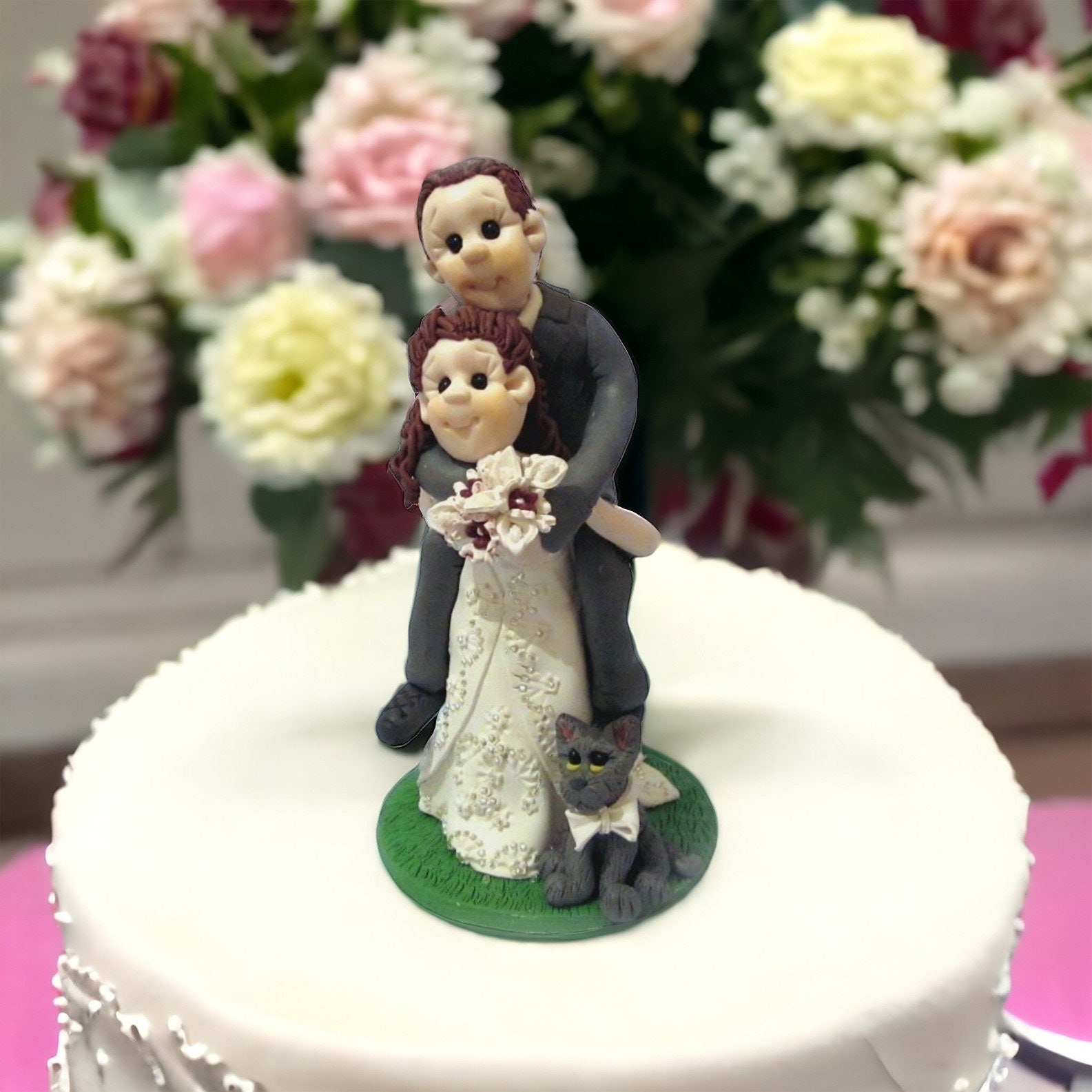 Custom Wedding Cake Topper: Bride Carrying Groom with Cat by Lynn's Little Creations