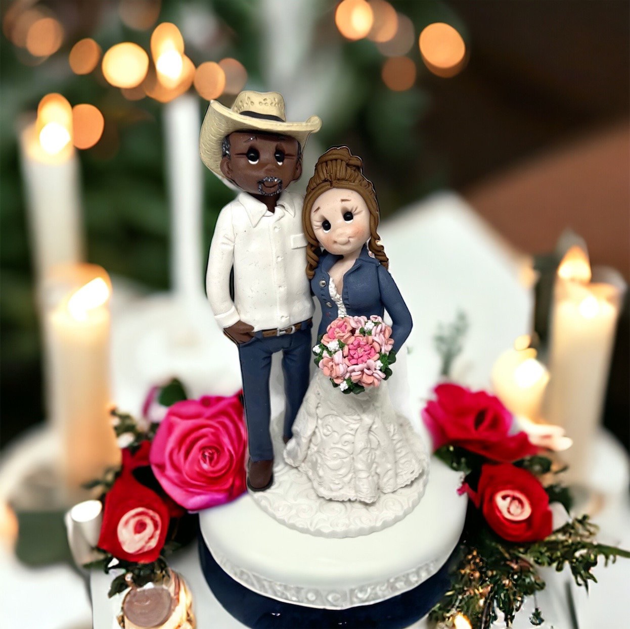 Interracial Bride and groom custom cake topper by Lynn’s Little Creations by Lynn's Little Creations