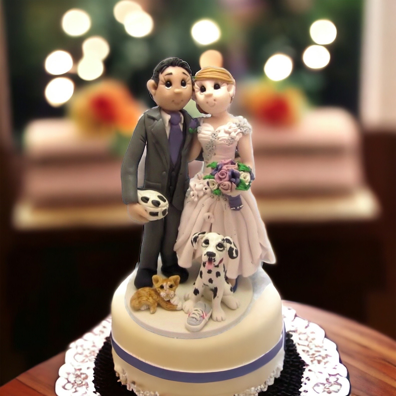 Custom Wedding Cake Topper: Bride, Groom & Pets Figurine by Lynn's Little Creations