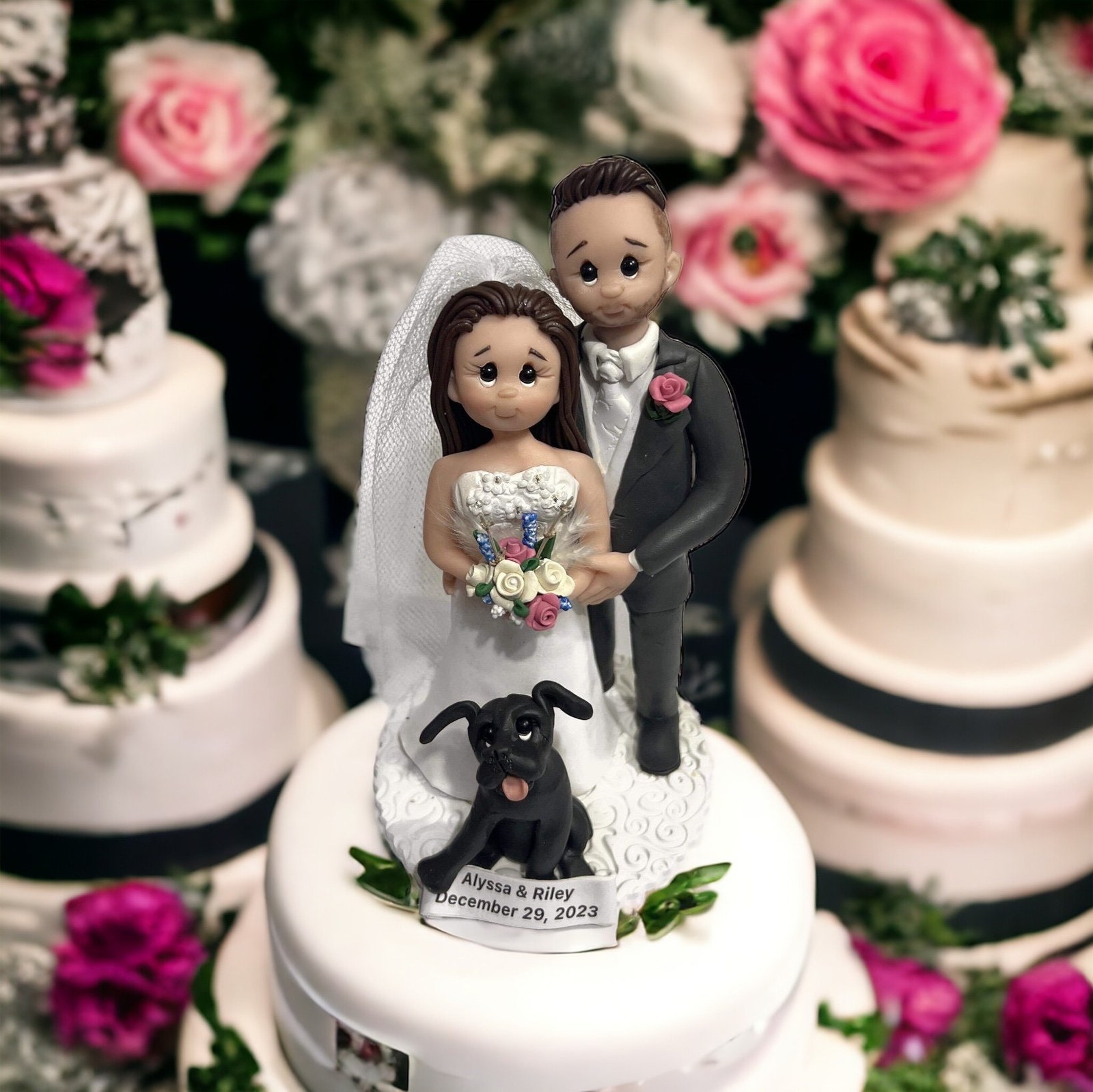 Custom Wedding Cake Topper: Bride, Groom & Pet Figurine by Lynn's Little Creations