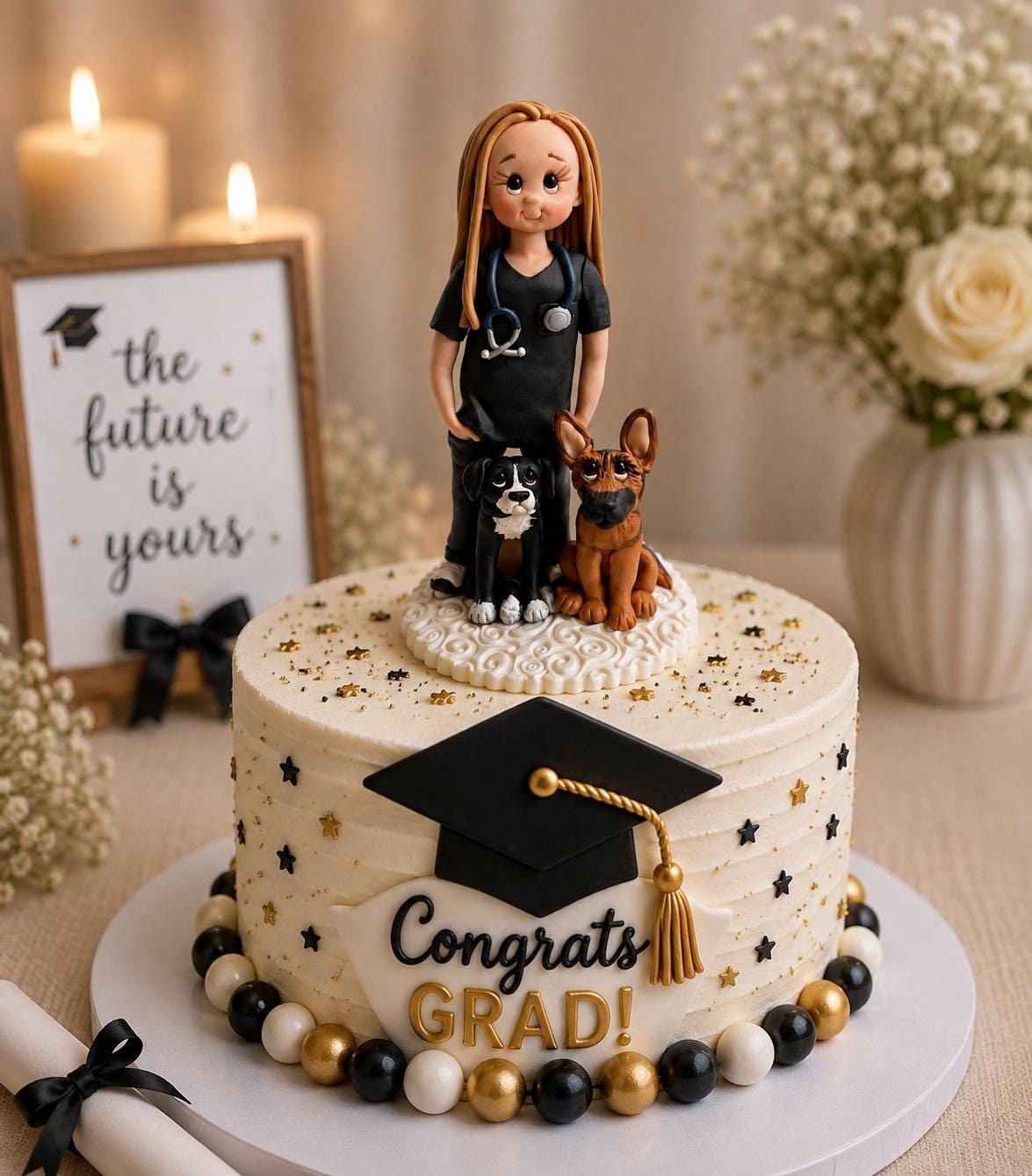 Custom Nurse Graduation Cake Topper with Dogs, Personalized Polymer Clay Medical School Graduate Gift by Lynn's Little Creations