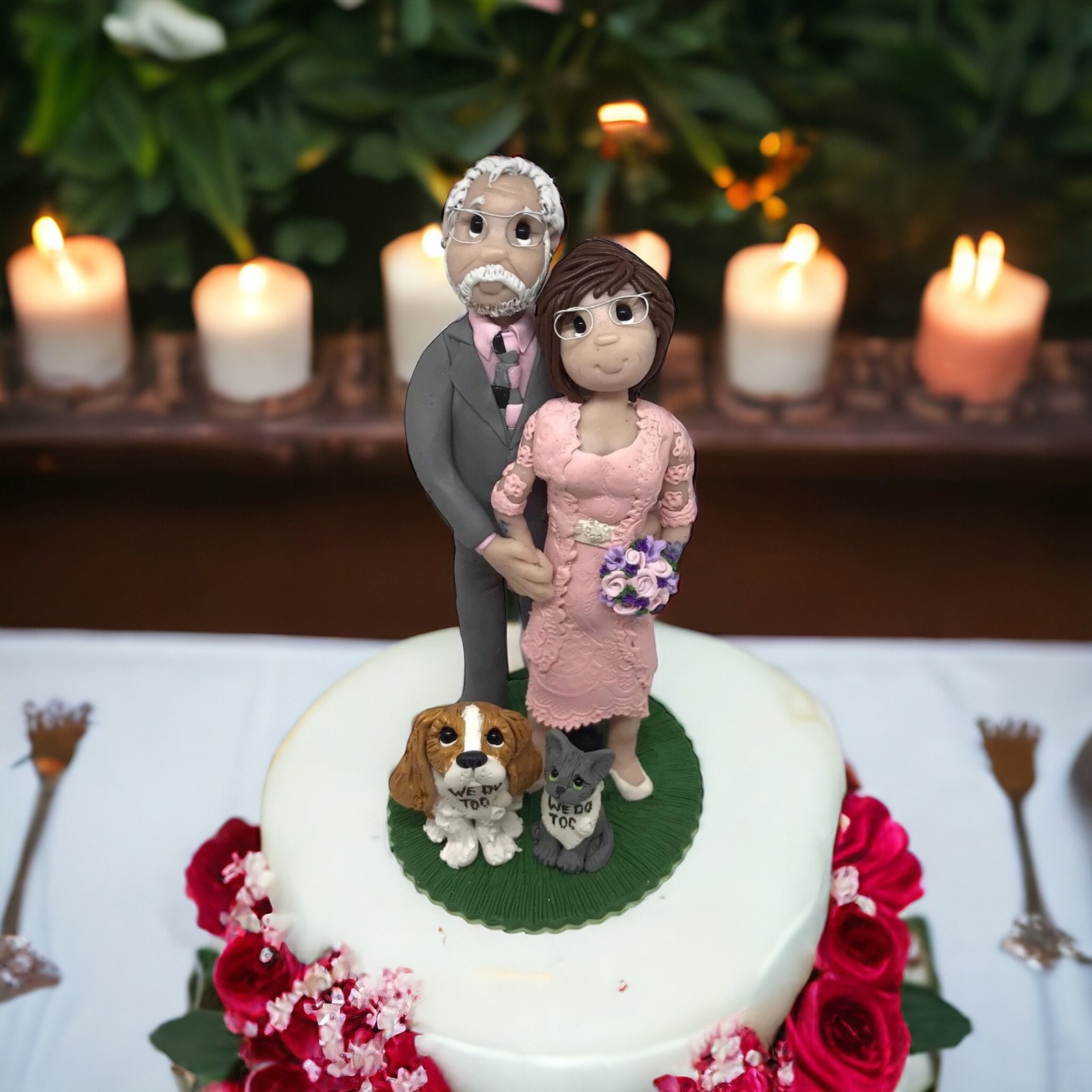 Bride & Groom with dog Custom Handmade Wedding Cake Topper by Lynn’s Little Creations by Lynn's Little Creations
