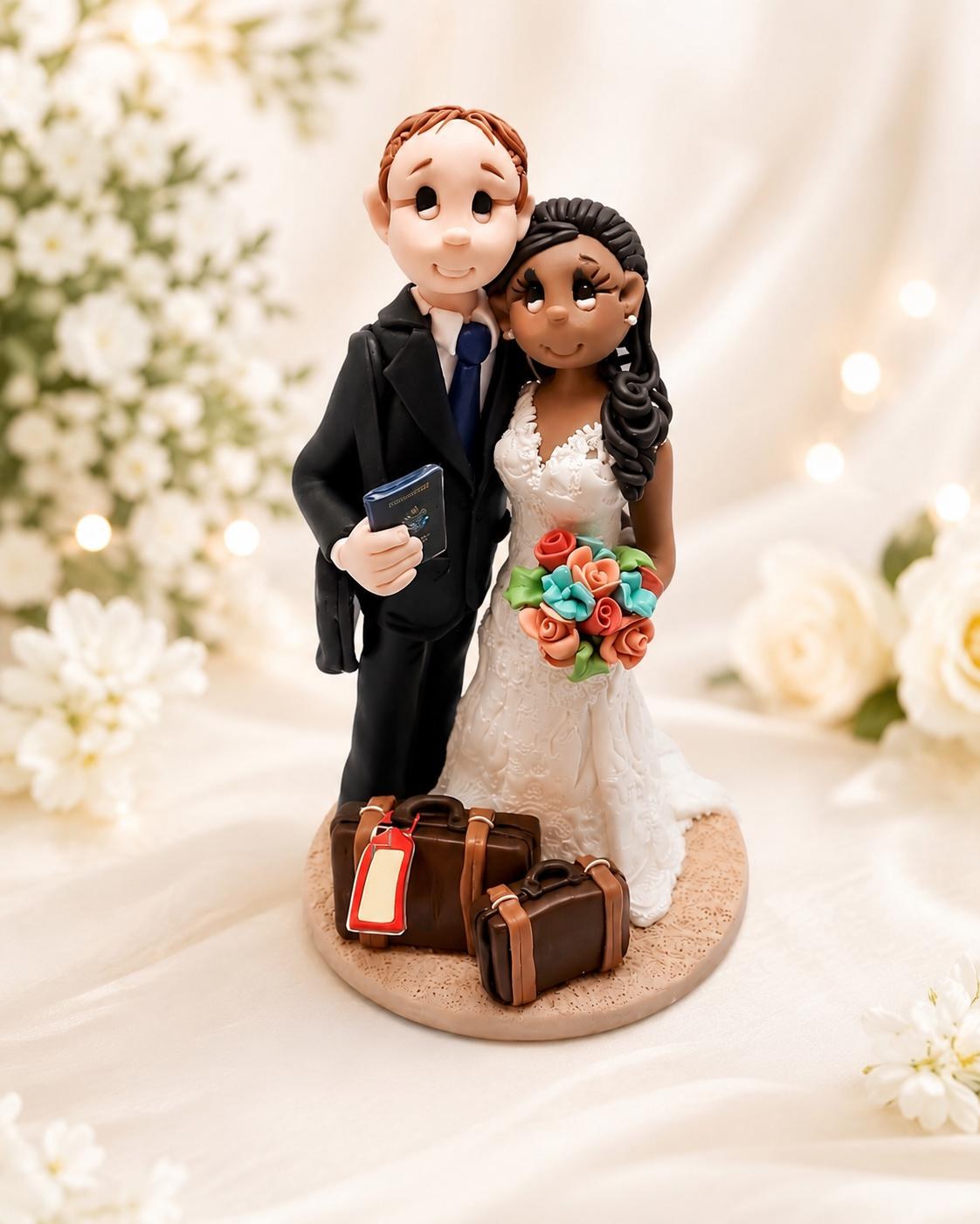 Travel Wedding Cake Topper with Suitcases | Personalized Bride & Groom Figurine | Destination Wedding Keepsake by Lynn's Little Creations