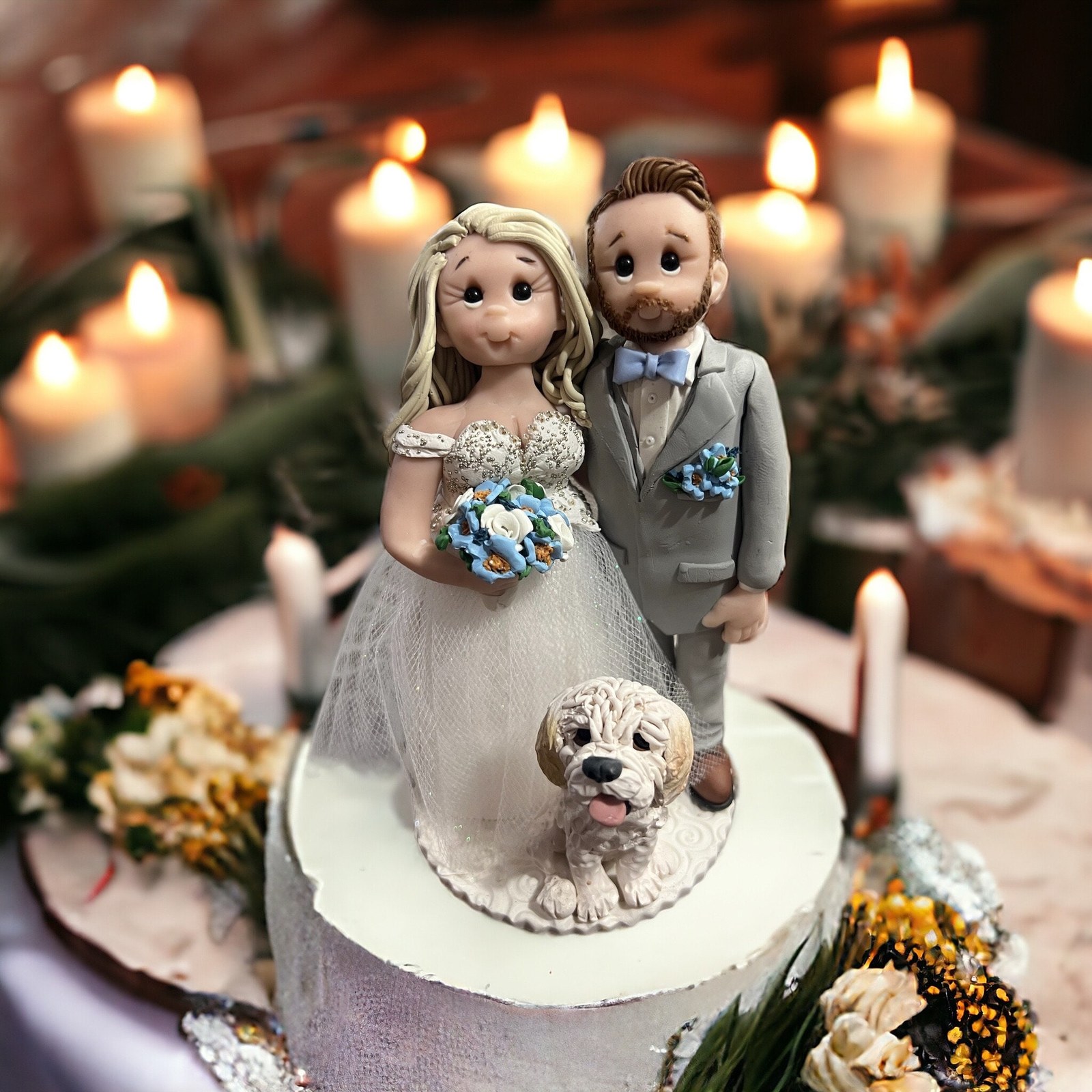 Custom Wedding Cake Topper: Bride, Groom & Goldendoodle - Handmade by Lynn's Little Creations