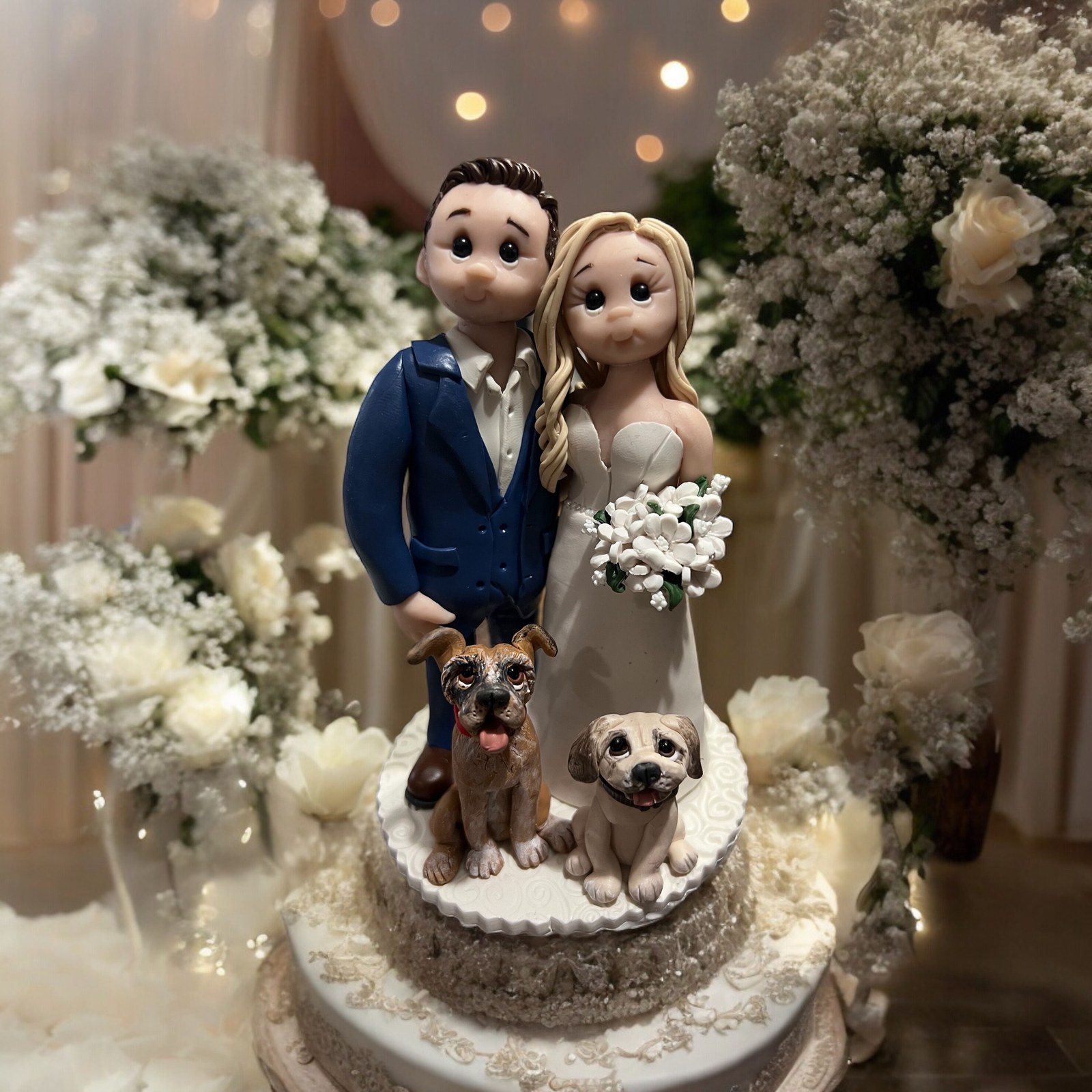 bride and groom with dogs custom made wedding cake topper wedding figurines by Lynn's Little Creations