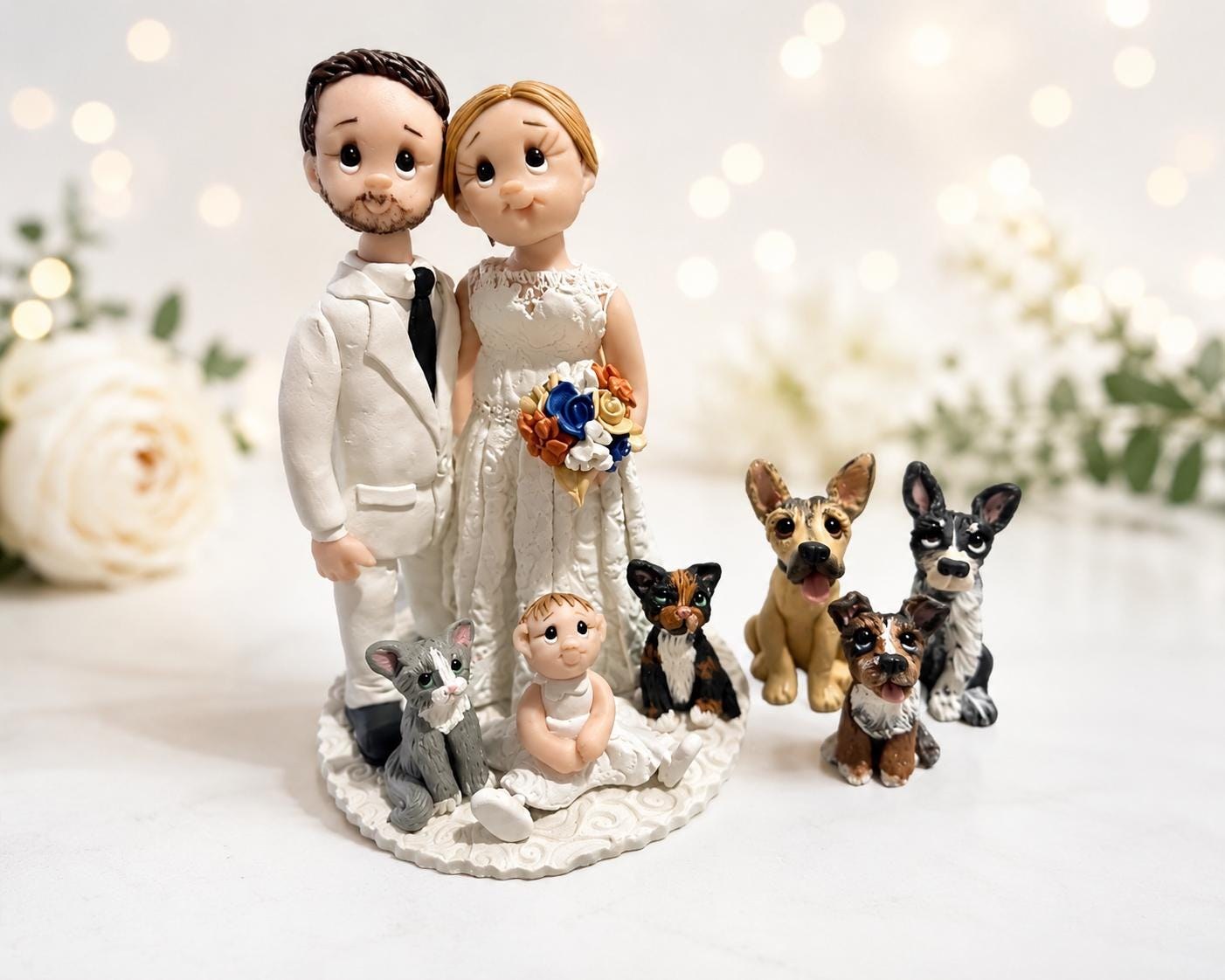 Personalized Wedding Cake Topper with Baby & Pets | Custom Family Keepsake by Lynn's Little Creations