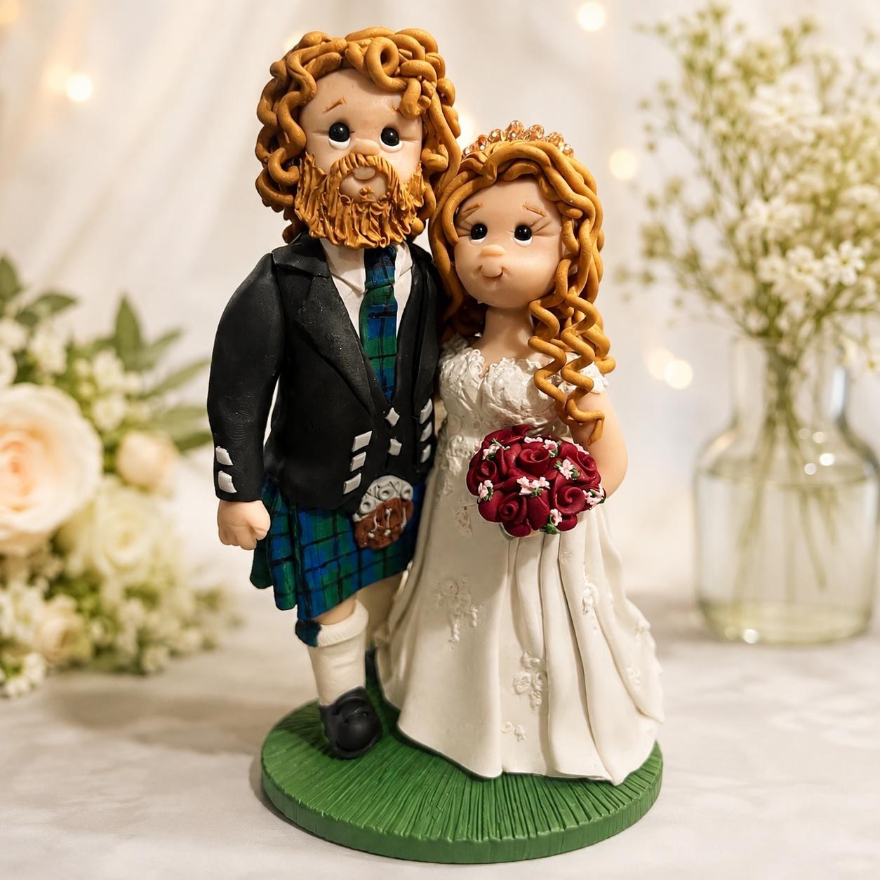 Scottish Tartan Wedding Cake Topper | Handmade Clay Bride & Groom Figurine by Lynn's Little Creations