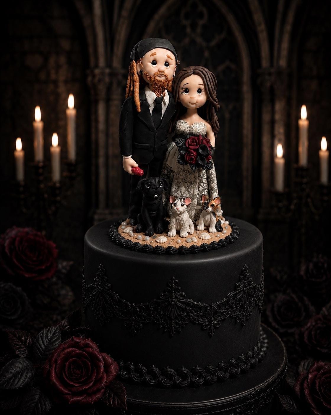 Custom Gothic Wedding Cake Topper – Alternative Bride & Groom with Pets by Lynn's Little Creations