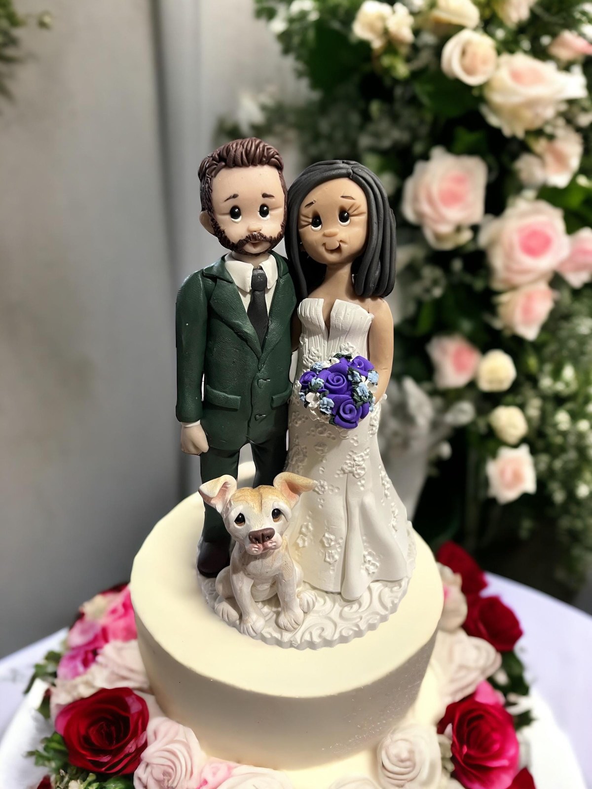 Custom Wedding Cake Topper: Bride, Groom, and Pets Figurine by Lynn's Little Creations